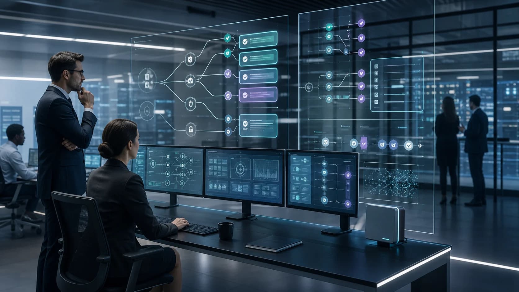 Enterprise operators supervising governed AI agent approvals and audit trails in a control room