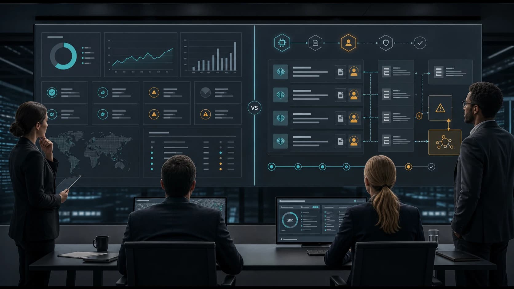 Enterprise operations leaders comparing a static analytics dashboard with a governed AI agent work queue showing source evidence, human approvals, audit trails, exception routing, and operational recommendations
