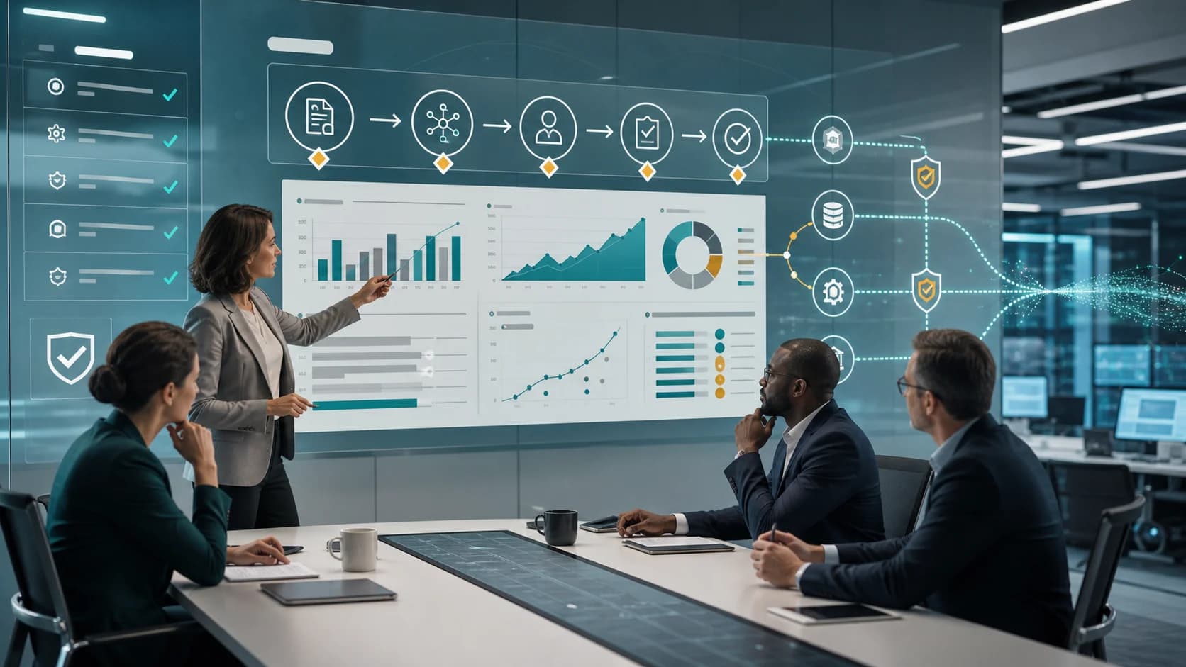 Enterprise leaders reviewing a governed AI workflow ROI model with analytics, approval checkpoints, source evidence, and audit trail controls