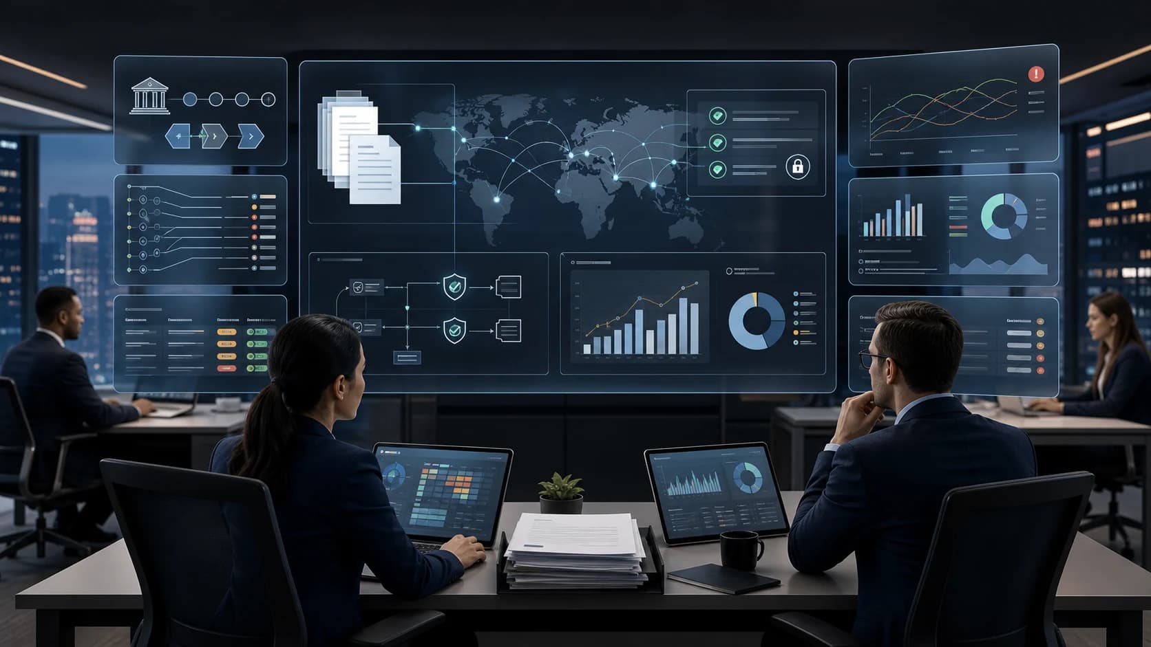 Treasury and finance reviewers using a governed AI bank fee variance dashboard with bank statements payment rail costs fee schedules source evidence approval gates and audit trails