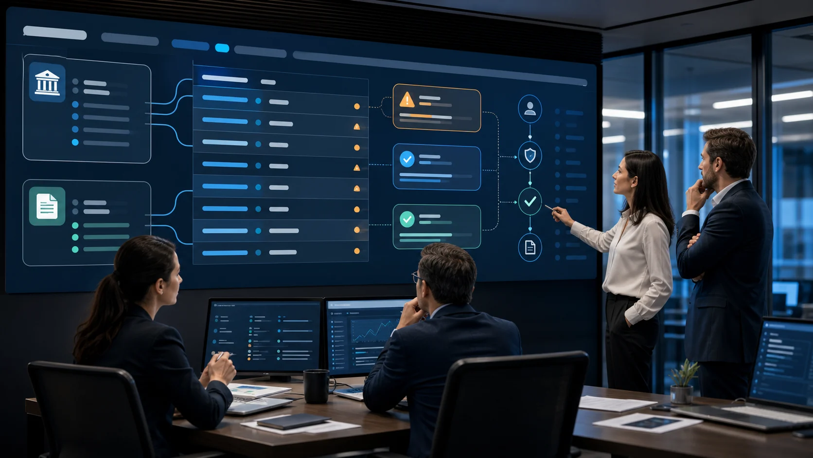 Finance and treasury reviewers examining a governed AI bank reconciliation queue with statement matching, ERP ledger evidence, exception risk flags, approval checkpoints, cash-close readiness, and audit trails