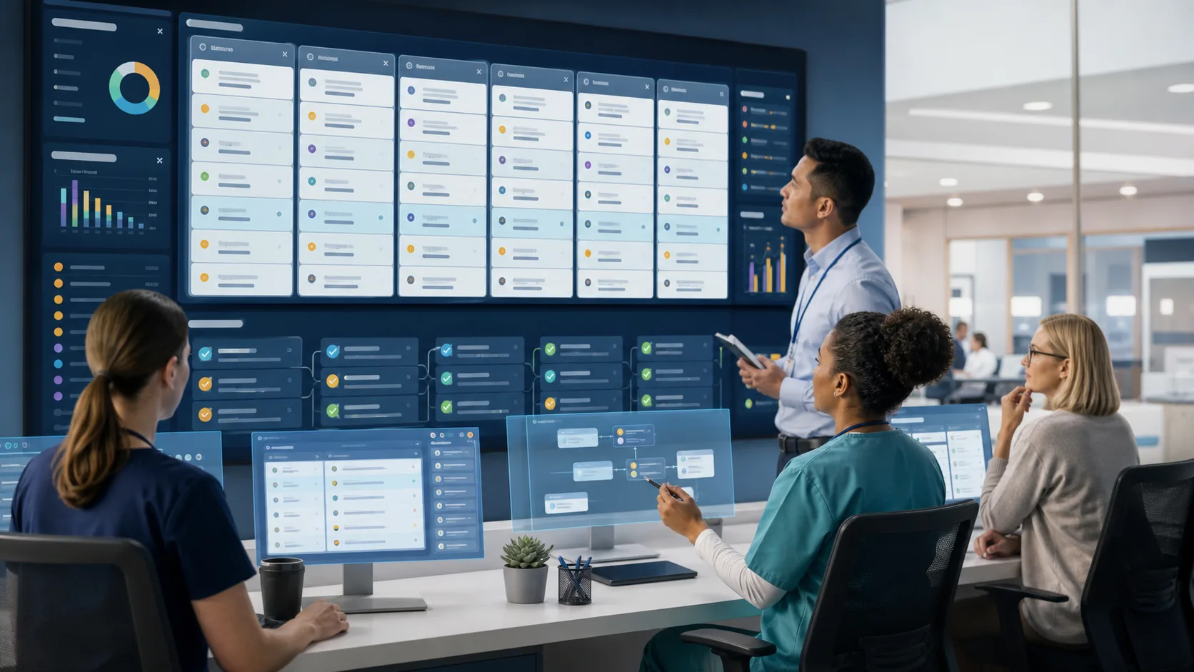 Healthcare operations team reviewing governed care-team workload balancing AI with provider queues referral follow-up lab callbacks appointment access and approval evidence