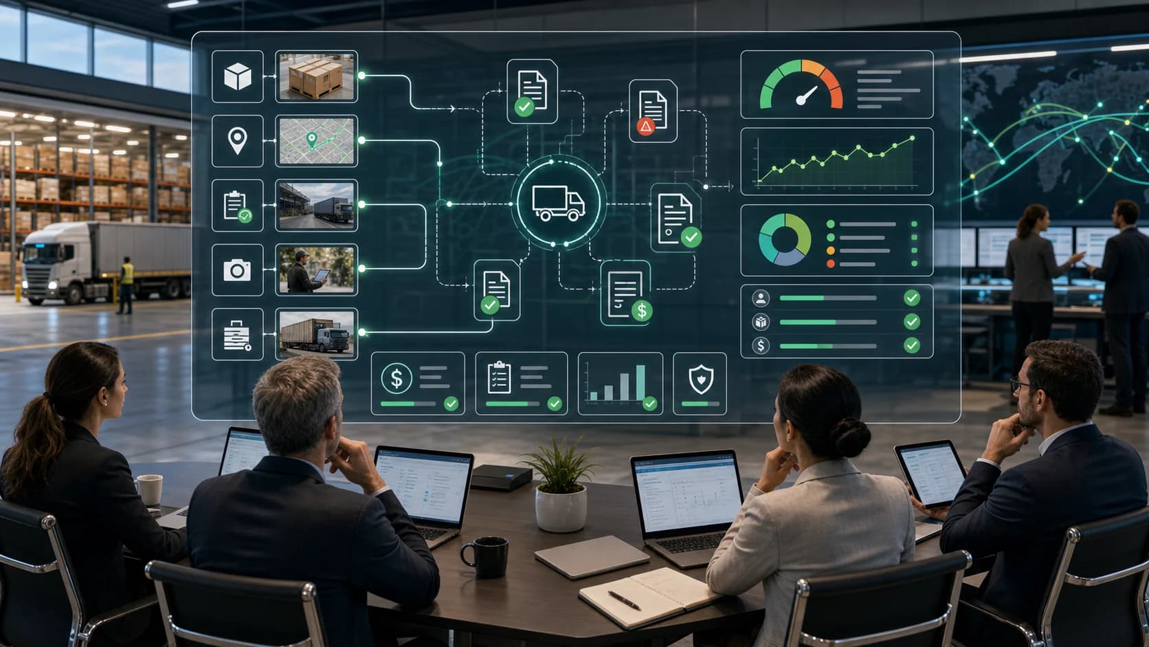 Logistics finance customer service and transport teams reviewing governed carrier recovery proof AI with delivery scans GPS routes freight claims SLA scorecards approval gates and audit trails