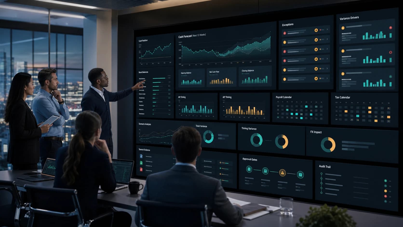 Treasury and finance leaders reviewing a governed AI cash forecast exception dashboard with bank balances, AR and AP timing, payroll and tax calendars, variance drivers, approval gates, source evidence, and audit trails