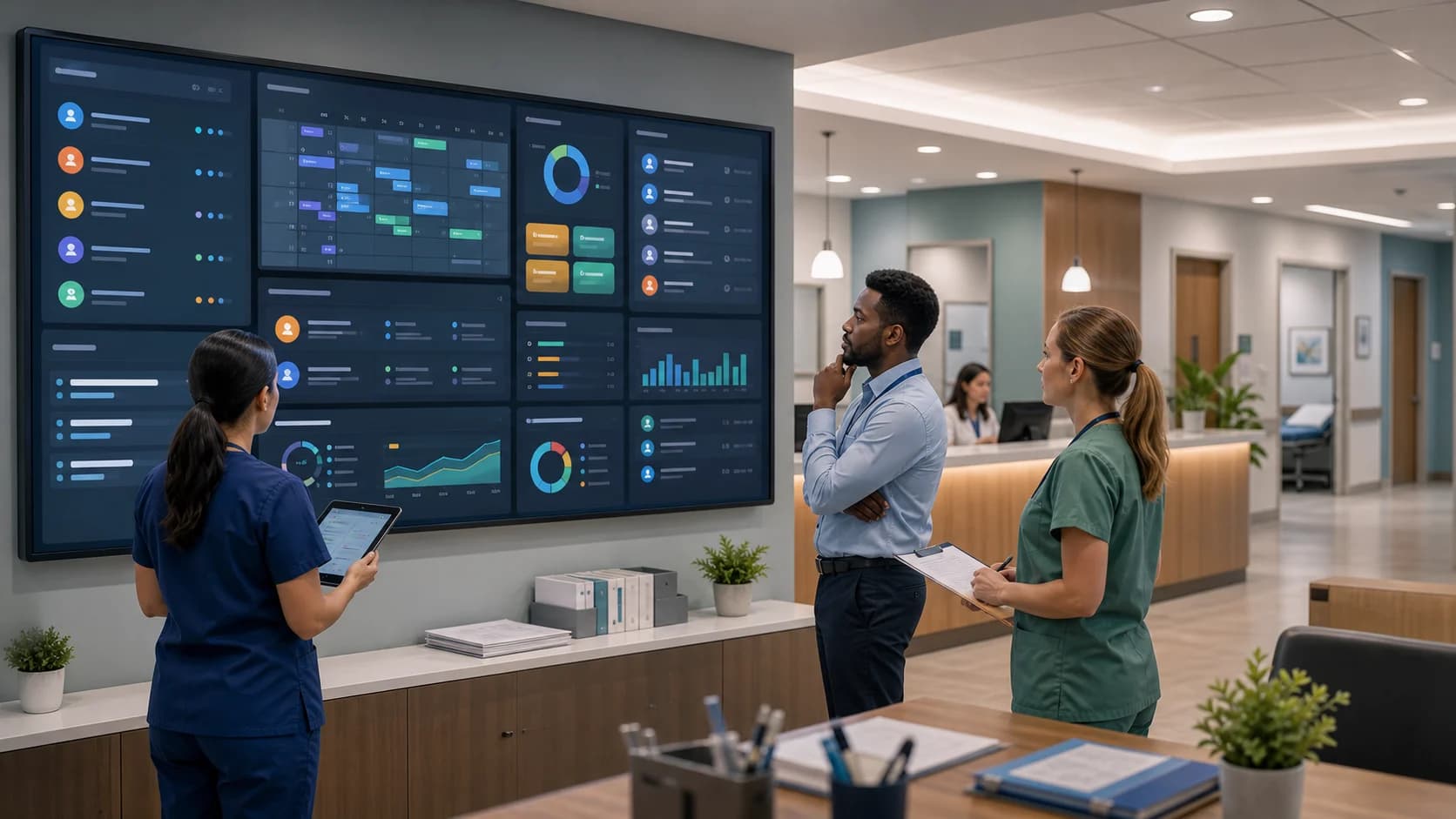 Healthcare operations and scheduling teams reviewing a governed AI dashboard with appointment risk queues, outreach approval status, waitlist fill opportunities, privacy controls, role-based access, and audit trails