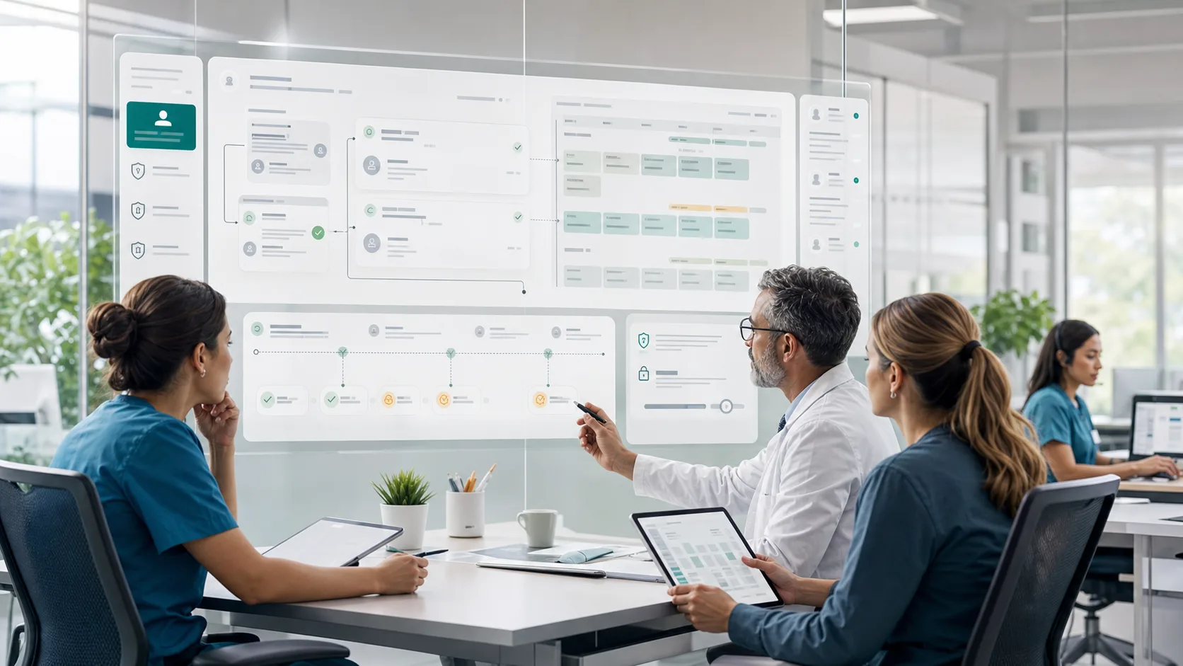 Healthcare referral coordinators and clinicians using governed closed-loop specialist scheduling AI to review referral evidence appointment slots outreach approvals privacy controls and audit trails