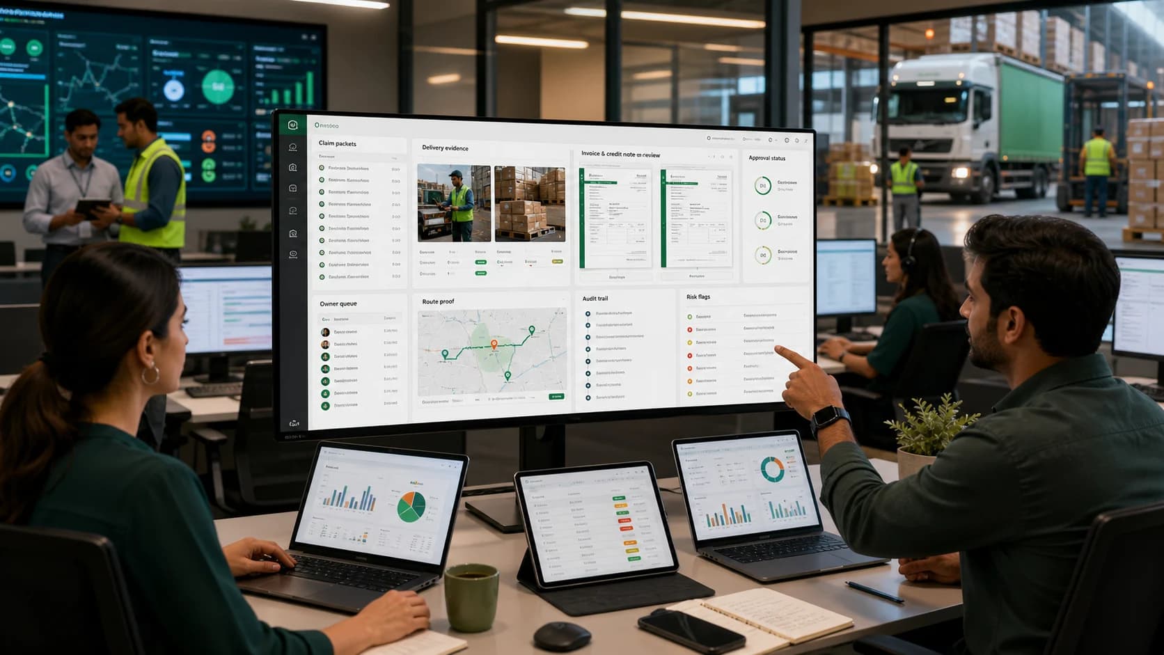 FMCG finance, sales operations, and warehouse teams reviewing a governed AI dashboard with customer claim packets, delivery evidence, credit-note review, approval status, and audit trails