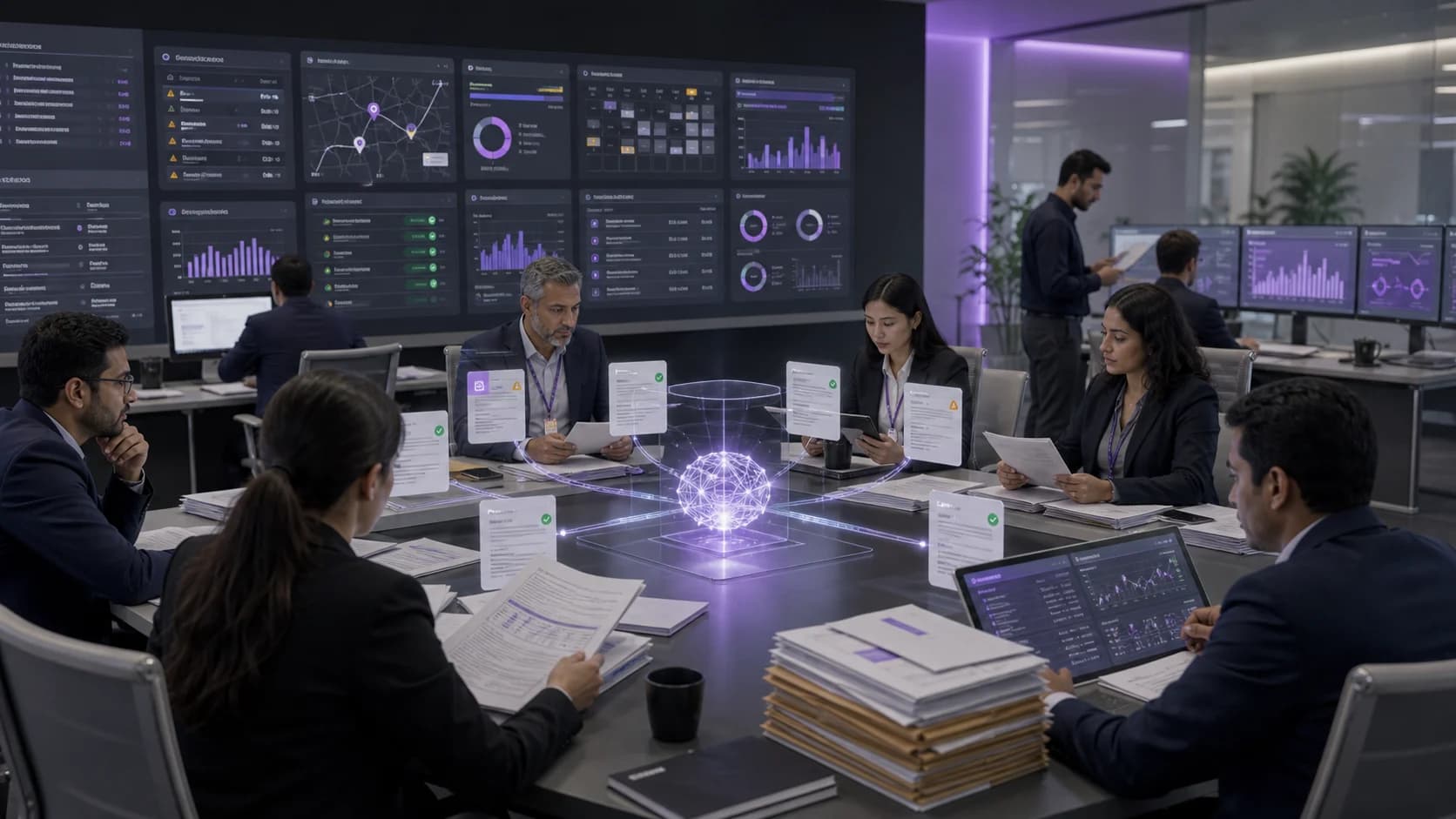 FMCG finance, sales operations, logistics, and credit-control reviewers examining a governed AI customer deduction prevention command center with invoice evidence, route proof, trade promotion calendars, approval checkpoints, and audit trails