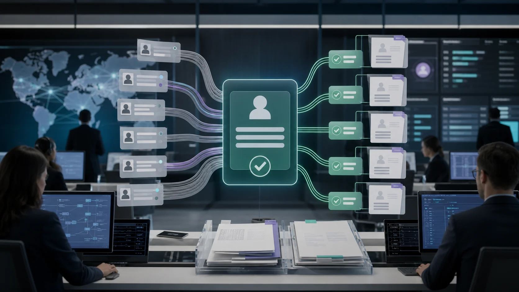 Revenue operations team reviewing governed customer master duplicate AI with source-linked ERP records credit controls approval gates and audit trails