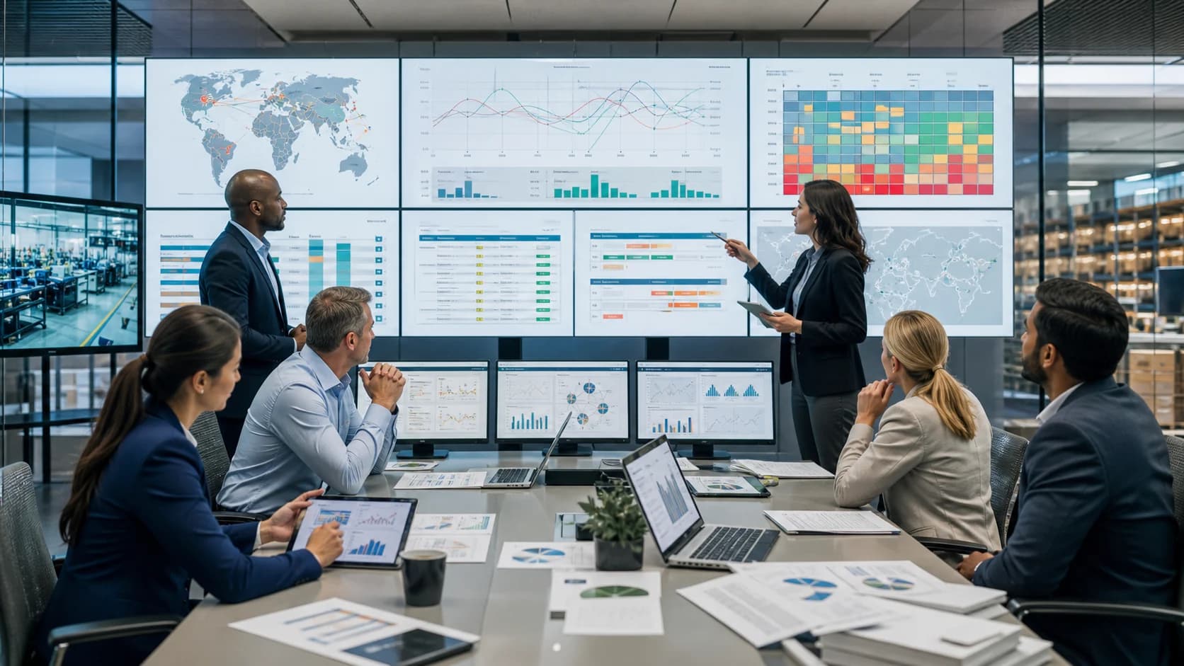 Supply chain S and OP leaders reviewing governed demand-supply exception AI dashboards with forecast variance shortage risk inventory heatmaps production capacity customer allocation approval gates and audit trails
