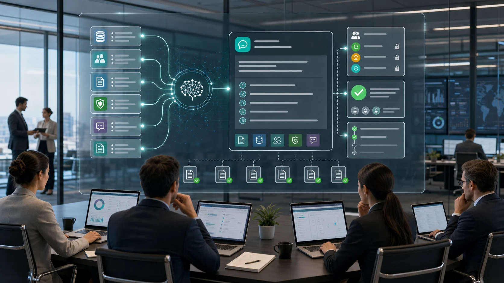 Enterprise team reviewing governed knowledge base AI with source-linked ERP CRM policy document ticket approval and audit trail evidence