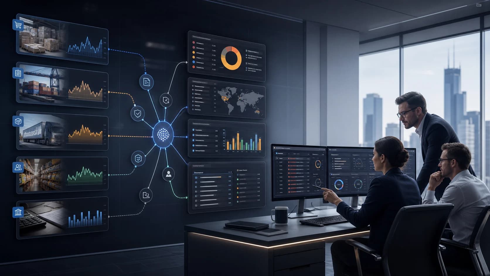Operations team reviewing a governed AI dashboard with ERP exception queues for purchase orders, invoices, inventory, customer orders, finance approvals, source evidence, and audit trails