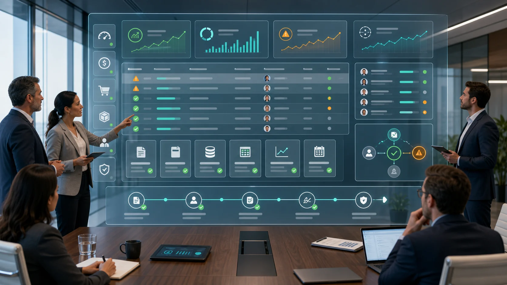 Executives reviewing governed operating-review AI with source-linked performance variance dashboards owner routing approval gates and audit trails