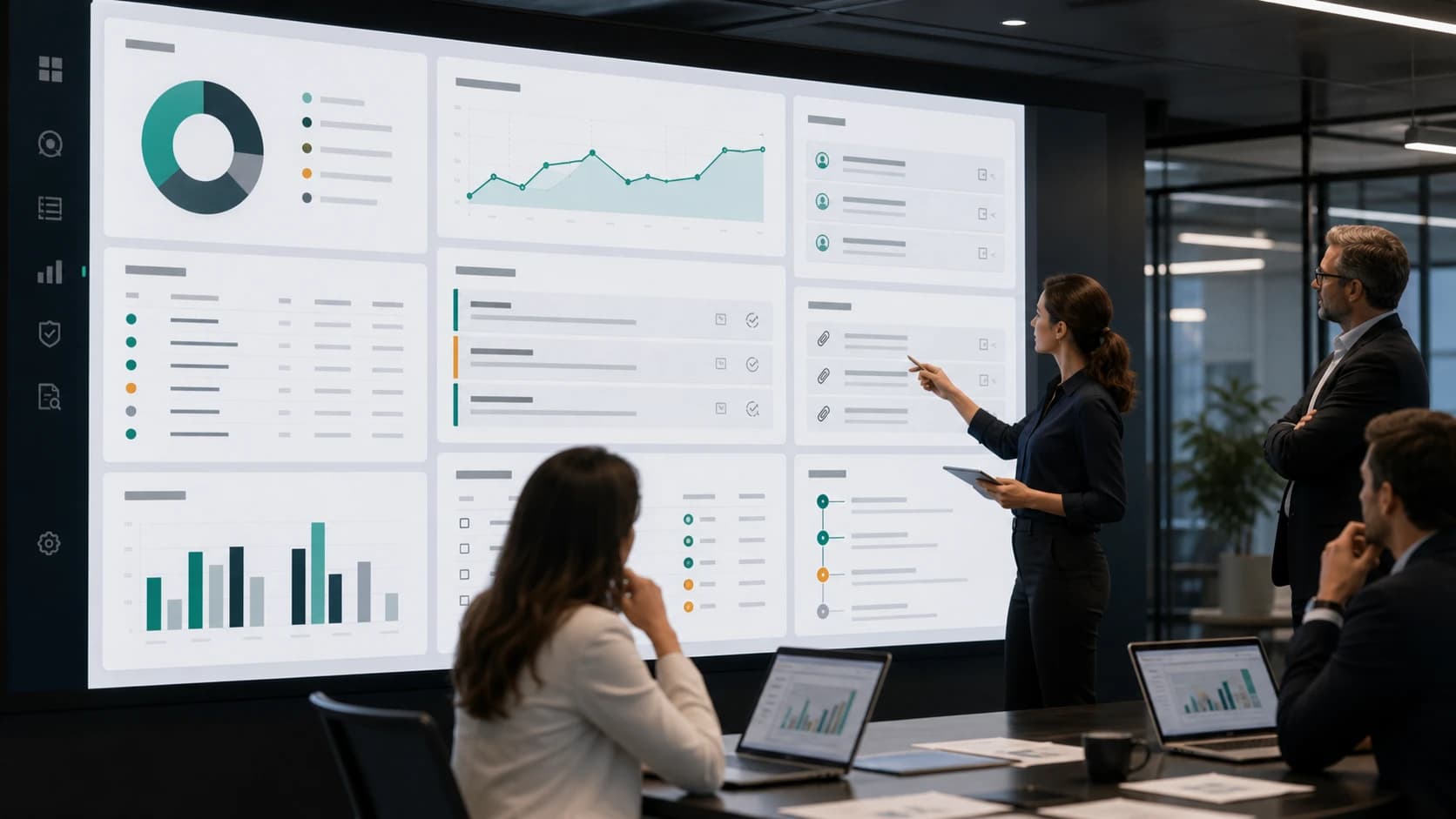 Finance leaders reviewing a governed AI close dashboard with variance explanations, approval queues, evidence links, and audit trail controls