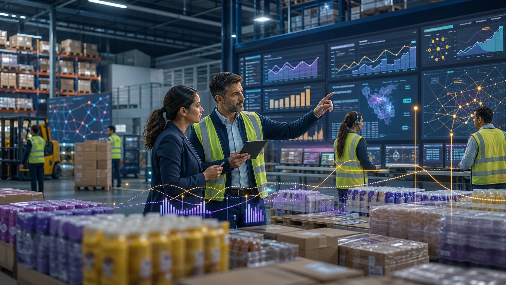 FMCG warehouse operators reviewing AI demand forecasts, inventory signals, and reorder approvals