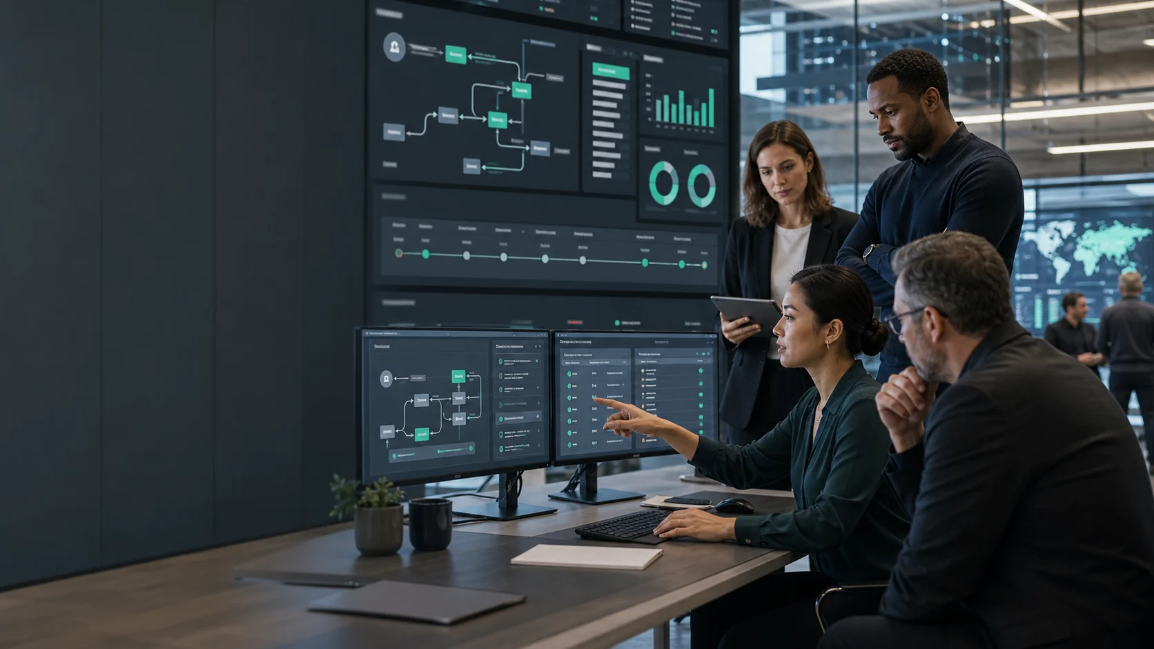 Enterprise operations team reviewing governed AI workflow approvals, source evidence, and audit trails
