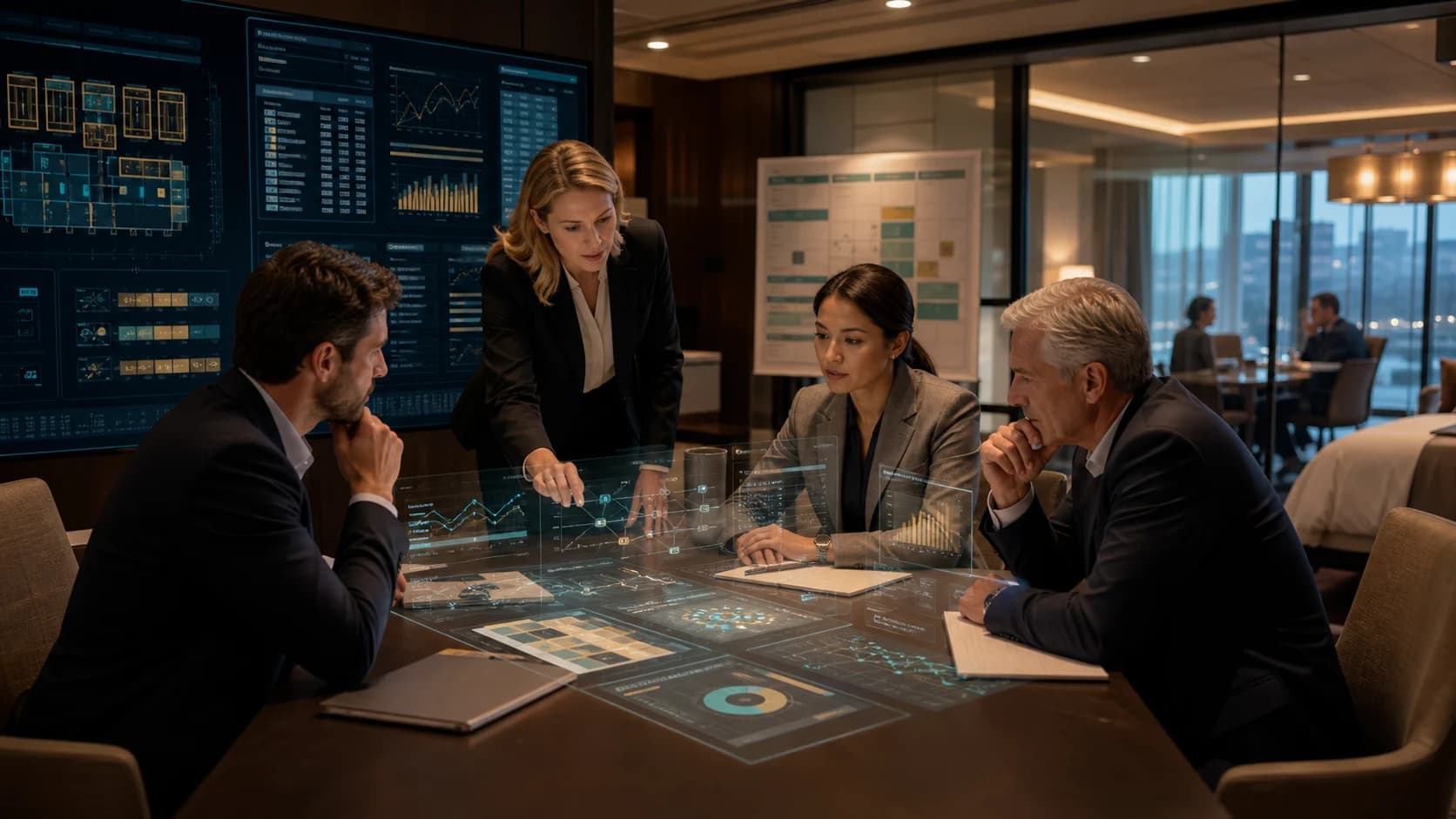 Hotel revenue team reviewing governed AI group wash and attrition risk workflows with room blocks pickup pace banquet capacity approval gates owner reporting and audit trails