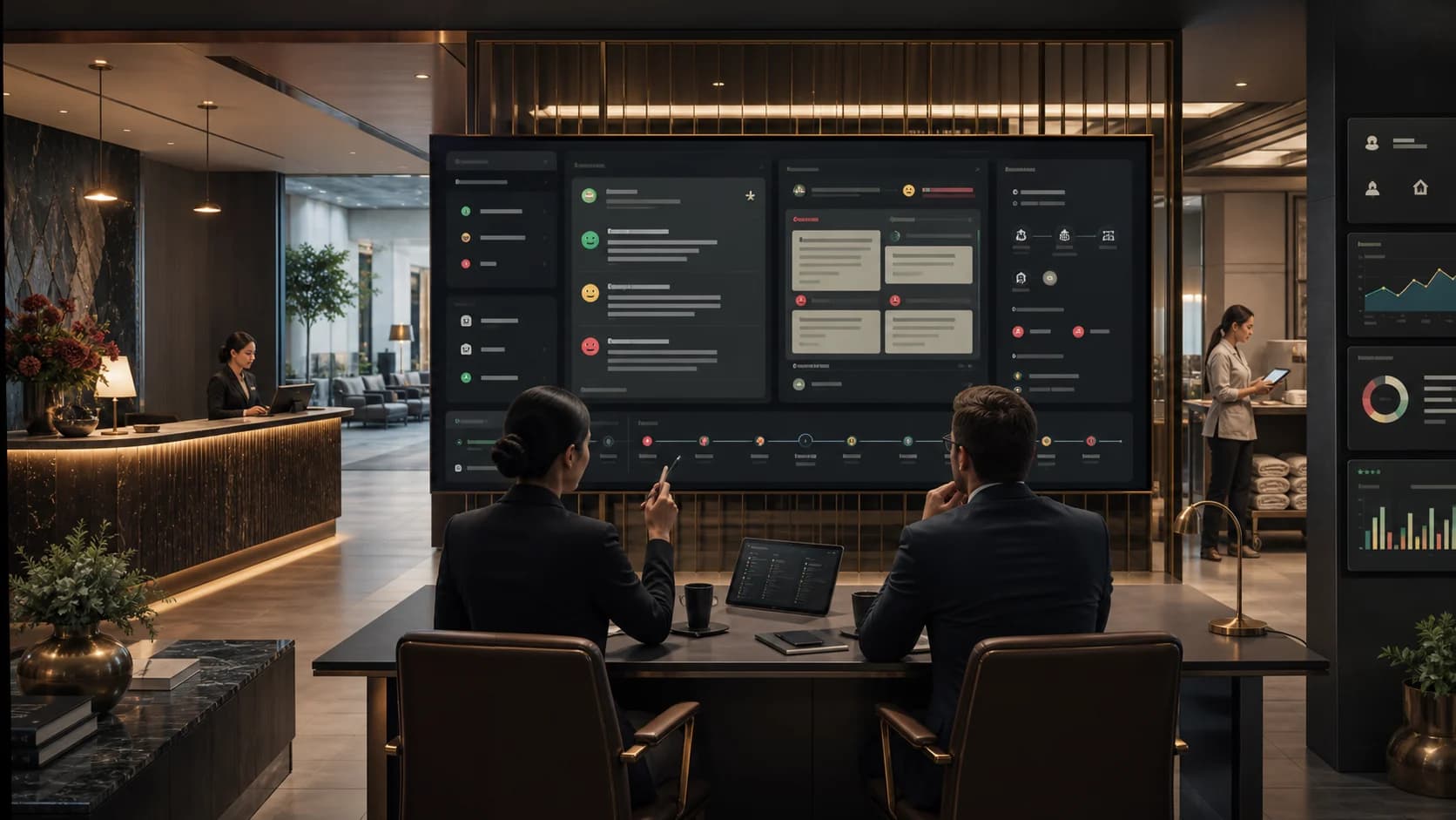 Hotel operations managers reviewing a governed AI guest review response queue with sentiment signals, PMS evidence, service notes, multilingual response drafts, brand approval checkpoints, escalation routing, and audit trails