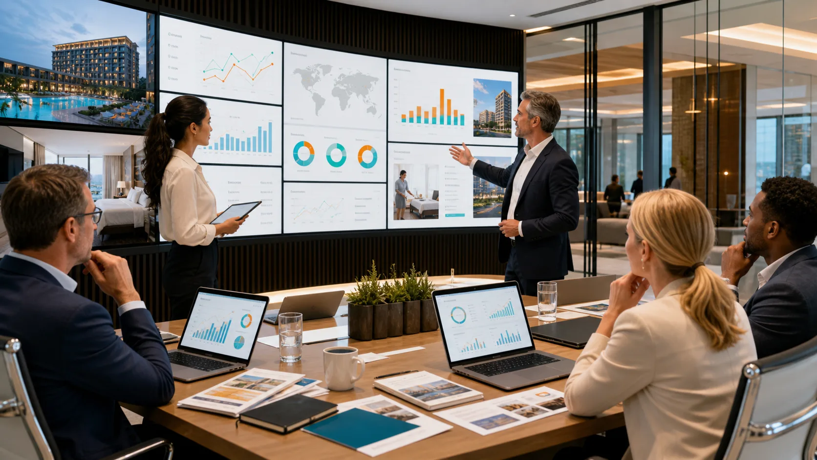 Hotel executives property managers finance reviewers and operations owners reviewing governed owner-question response AI with revenue guest maintenance capex approval and audit evidence