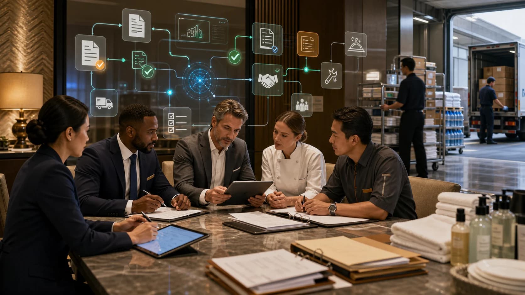 Hotel procurement finance engineering housekeeping and food and beverage managers using governed vendor contract variance AI to review invoices service levels purchase orders approvals and audit evidence