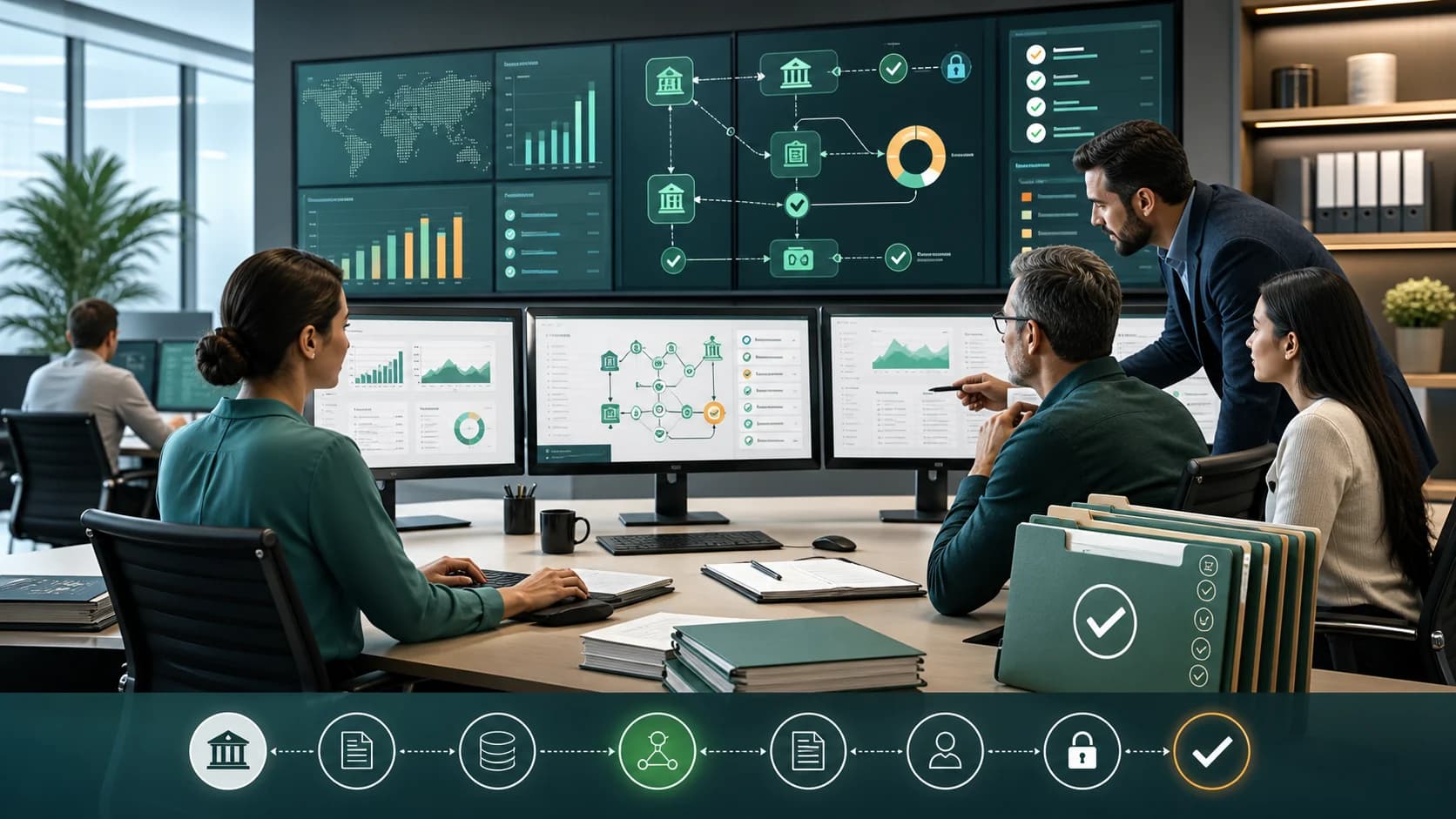 Finance operations team reviewing governed AI intercompany cash clearing workflows with multi-entity balances bank activity ERP ledgers approval gates source evidence and audit trails