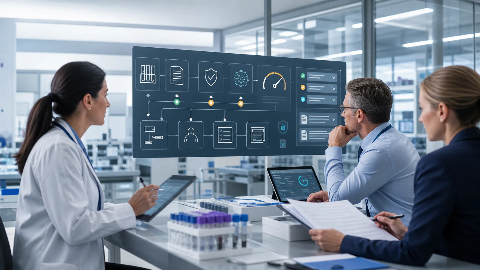 Diagnostic lab revenue cycle billing and compliance reviewers using governed lab denial prevention analytics AI to review payer rules documentation readiness authorization evidence claim risk and audit controls