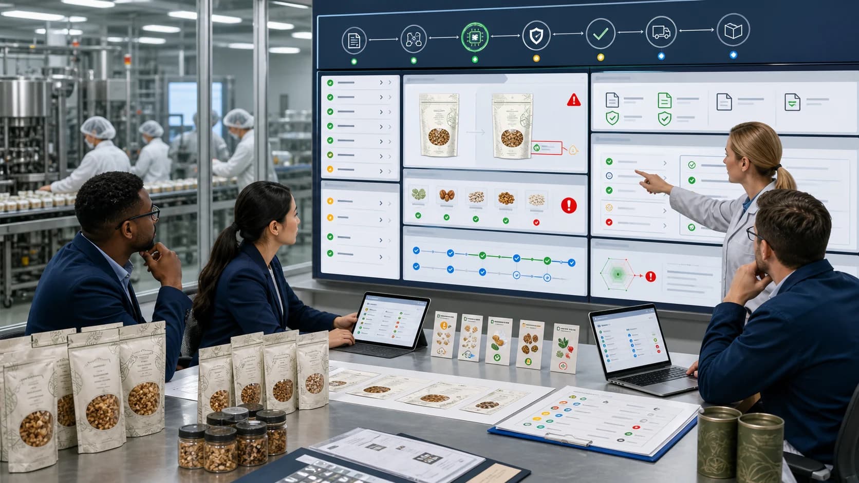 Food manufacturing quality and packaging team reviewing a governed AI label-change approval queue with artwork comparison, allergen evidence, supplier certificate status, approval checkpoints, release-risk signals, rollback history, and audit trails
