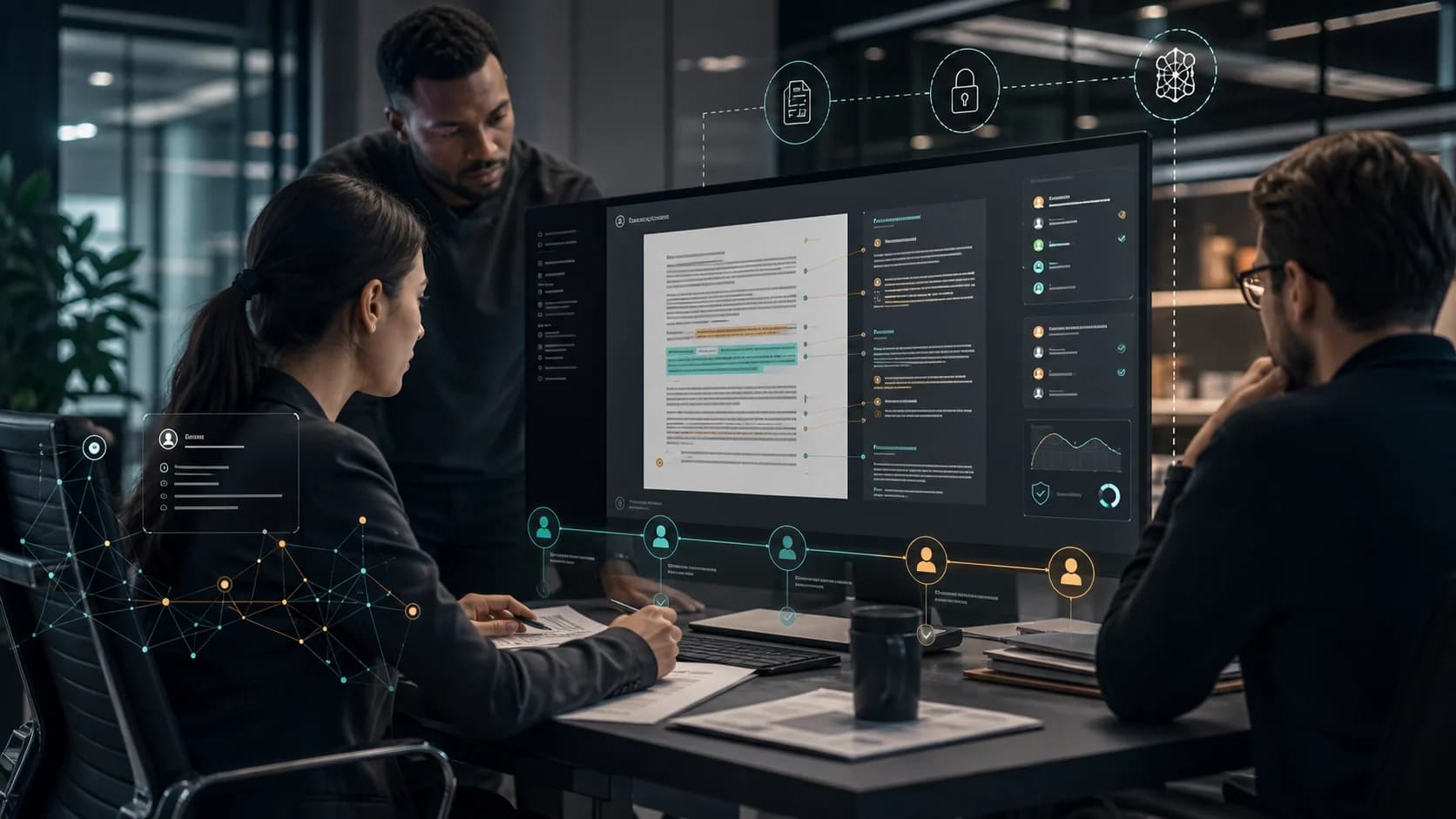 Legal operations team reviewing AI-assisted contract clauses with source citations, confidentiality controls, approval queues, and audit evidence