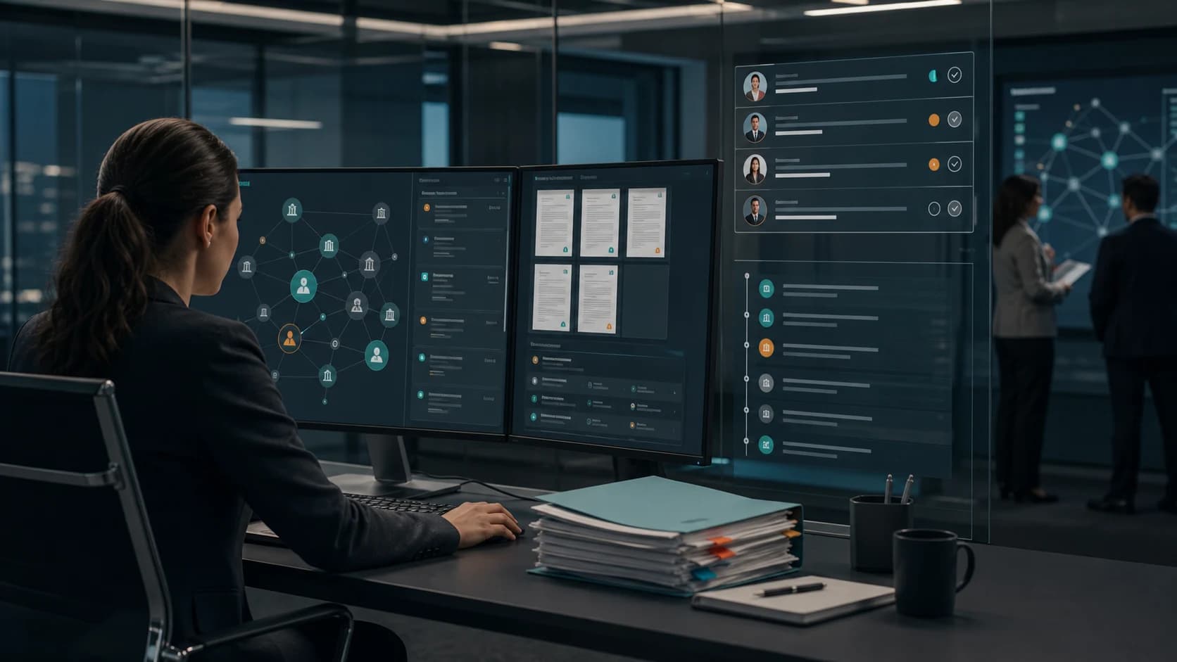 Legal operations team using governed client intake conflict-check AI with matter relationship mapping source evidence approval queues and audit trails