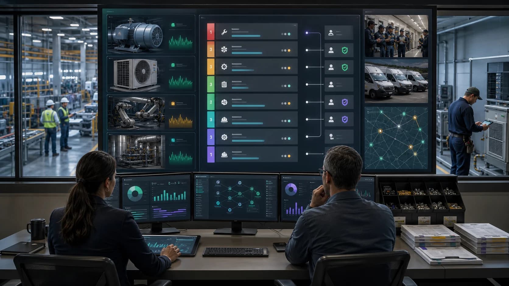 Operations team reviewing governed maintenance work order backlog AI with asset health spare parts technician queues approval gates and audit trails