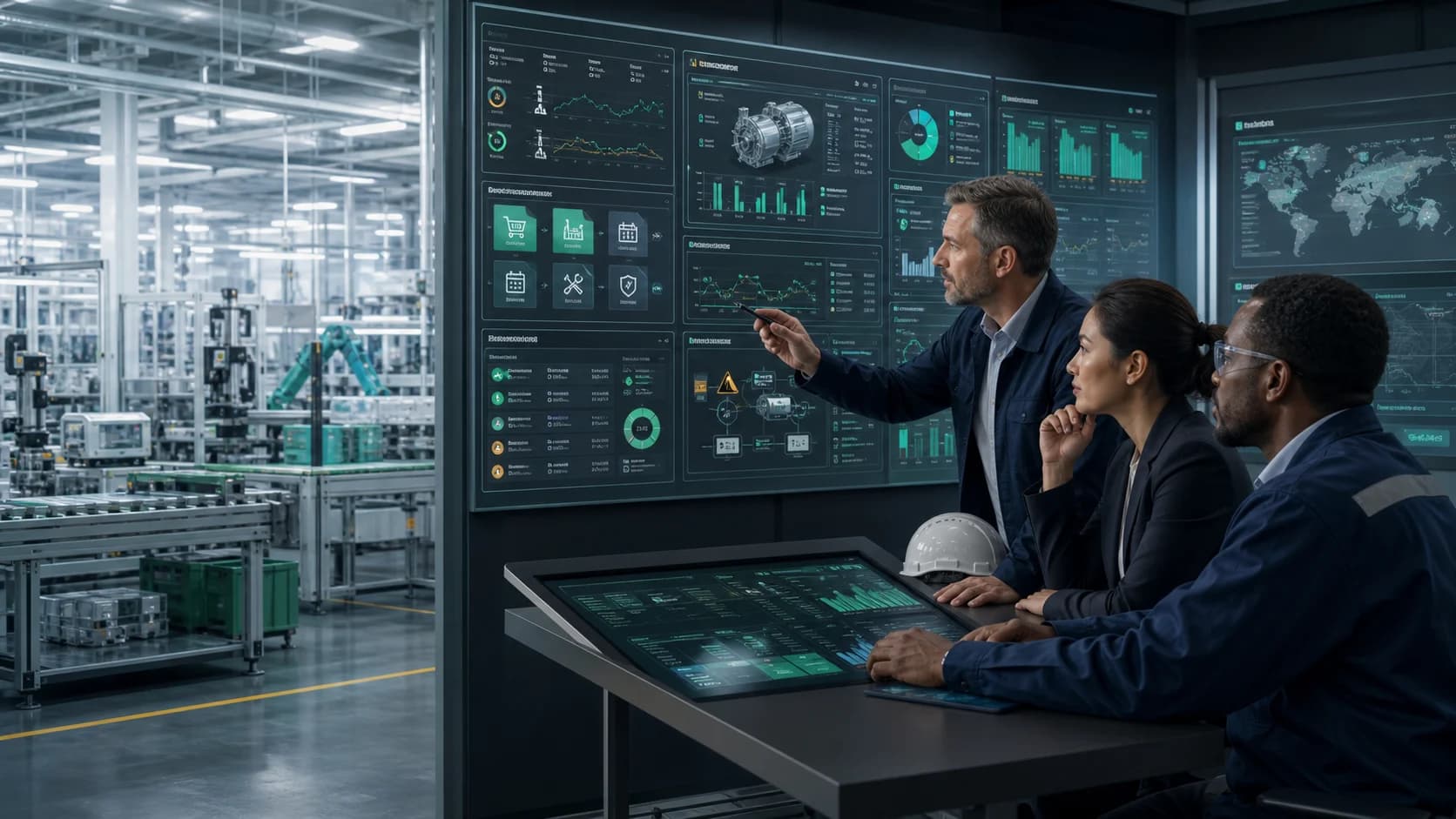 Manufacturing operations team reviewing AI ERP dashboards, production signals, supplier risk, and maintenance approvals