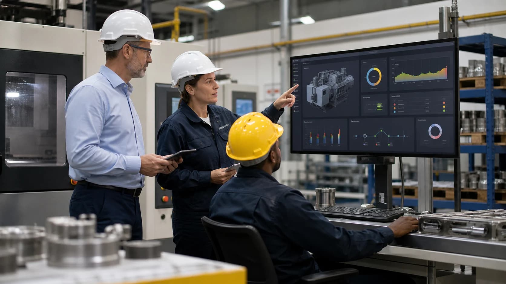 Manufacturing leaders reviewing a governed predictive maintenance AI dashboard with machine health, spare parts planning, supervisor approvals, and audit trails