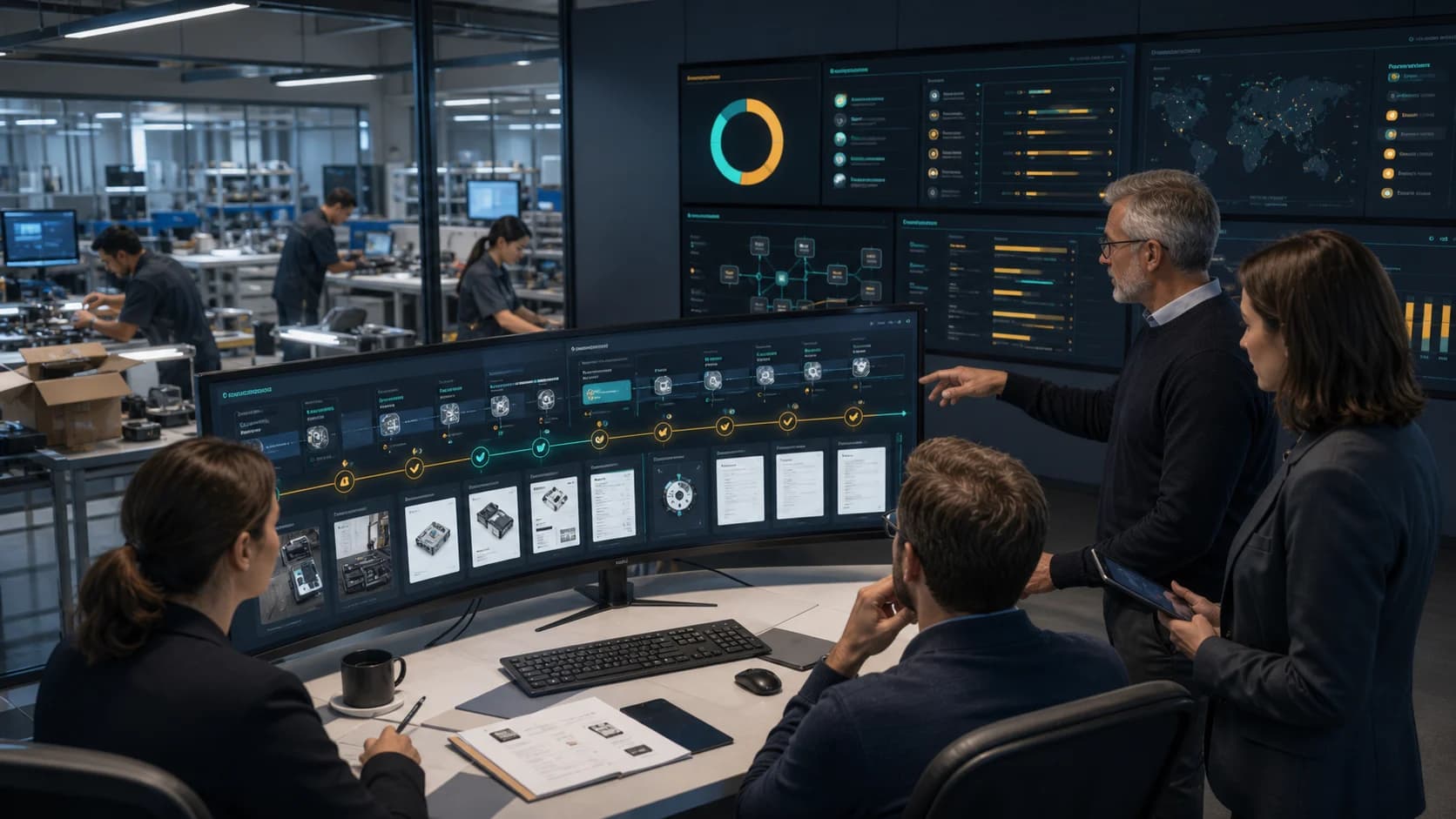 Manufacturing operations team reviewing governed OEE exception AI with production line evidence uptime speed loss scrap work orders and approval queues