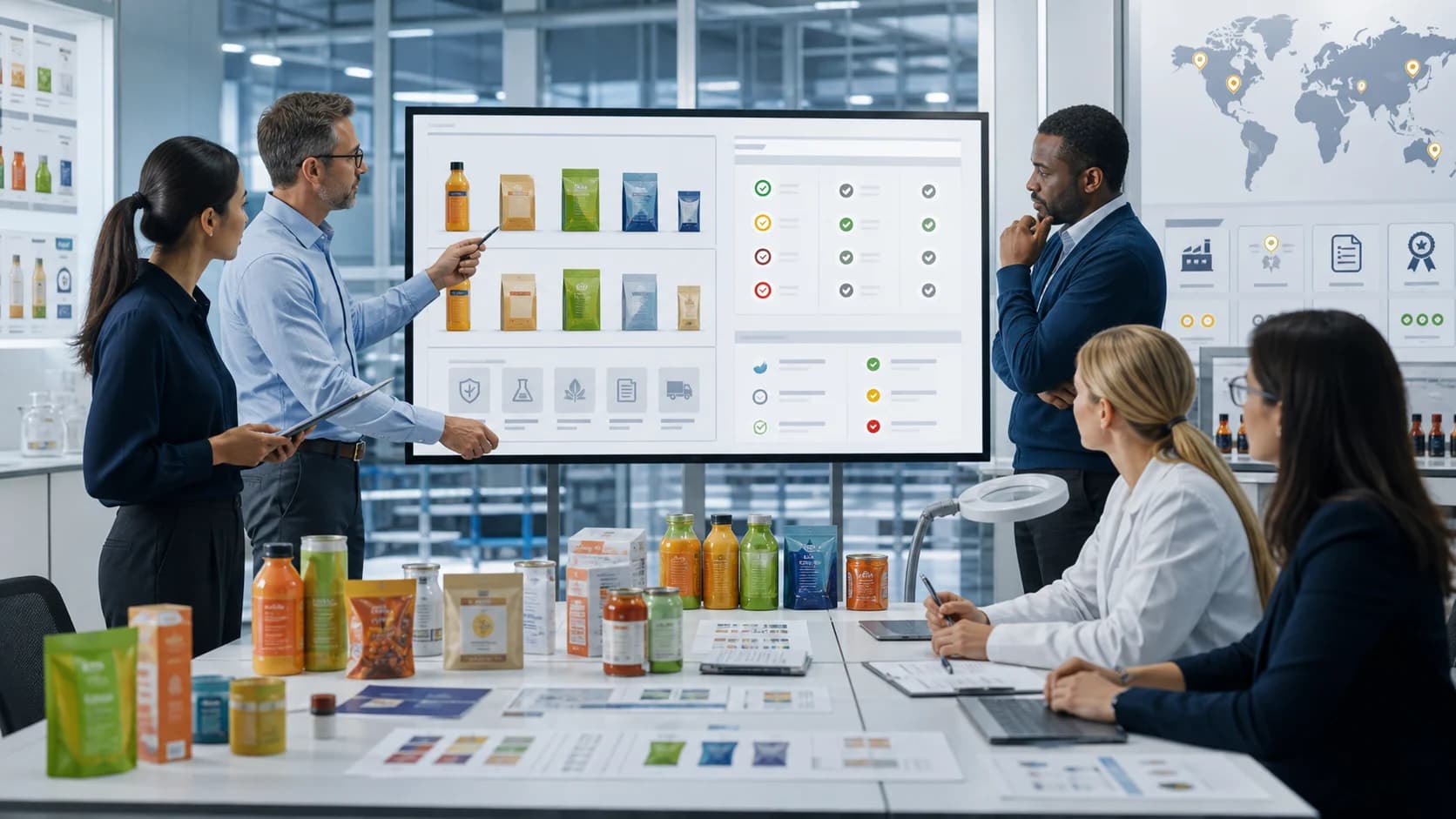 FMCG quality, regulatory, packaging, procurement, and production reviewers examining a governed AI market label readiness queue with country indicators, SKU artwork evidence, supplier documents, inventory hold status, approval checkpoints, and audit trails