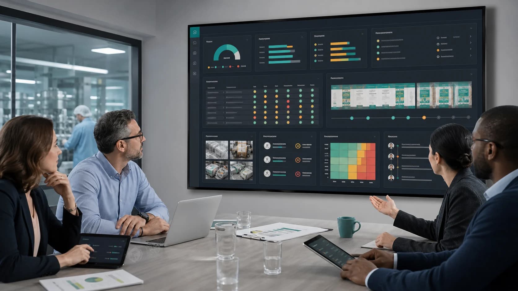 Procurement and quality reviewers in a manufacturing room examining a governed AI packaging vendor performance dashboard with supplier scorecards, artwork version readiness, delivery performance, defect evidence, certificate expiry, recovery actions, approval gates, and audit trails