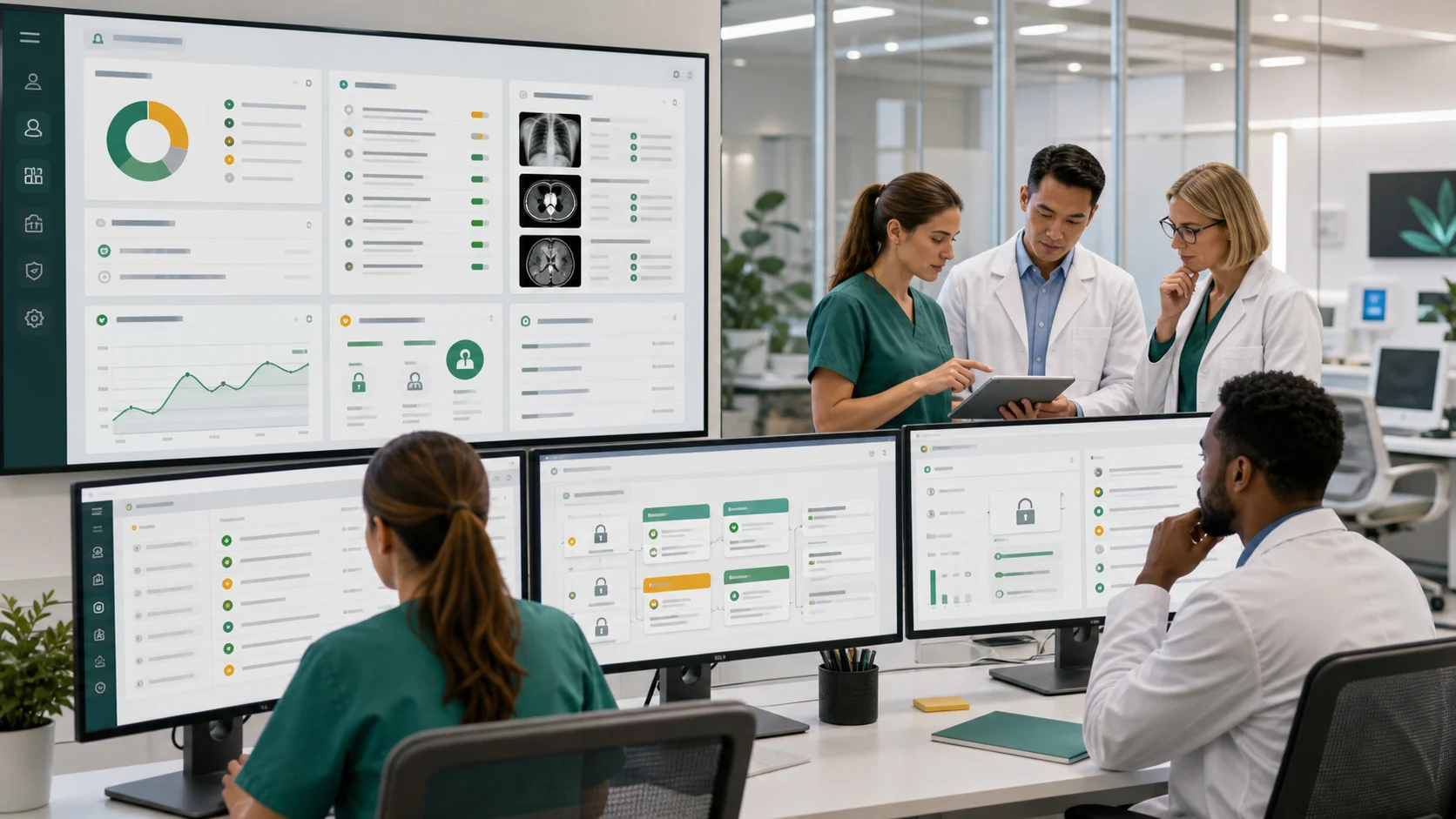 Healthcare care coordination team reviewing governed AI post-result follow-up queues with lab and imaging evidence provider approval gates patient outreach readiness privacy controls and audit trails