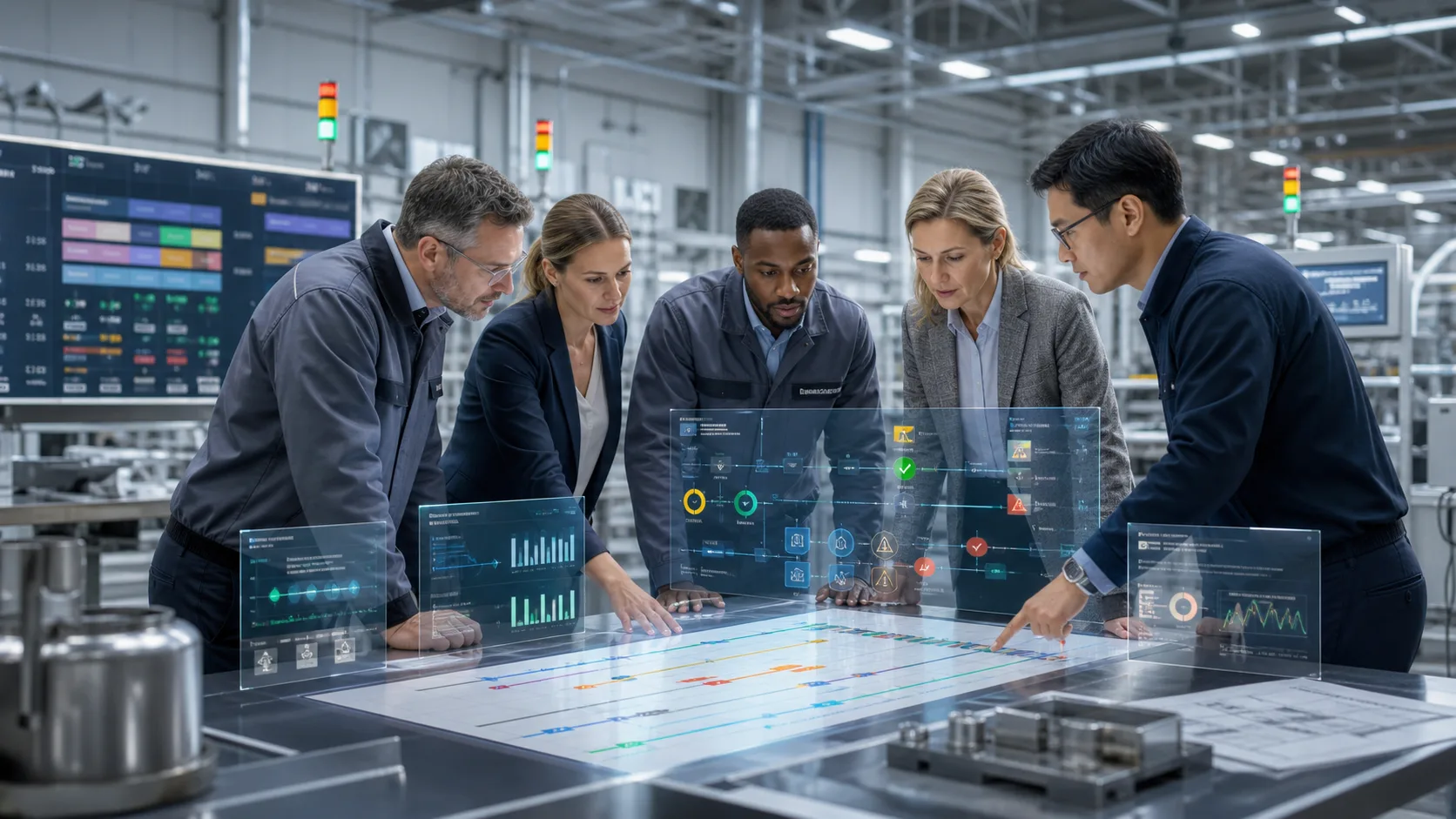 Plant manager, planner, maintenance lead, quality reviewer, and operations analyst reviewing governed AI production changeover evidence with line schedule, material readiness, labor coverage, QA holds, setup risk, approval checkpoints, and audit trails