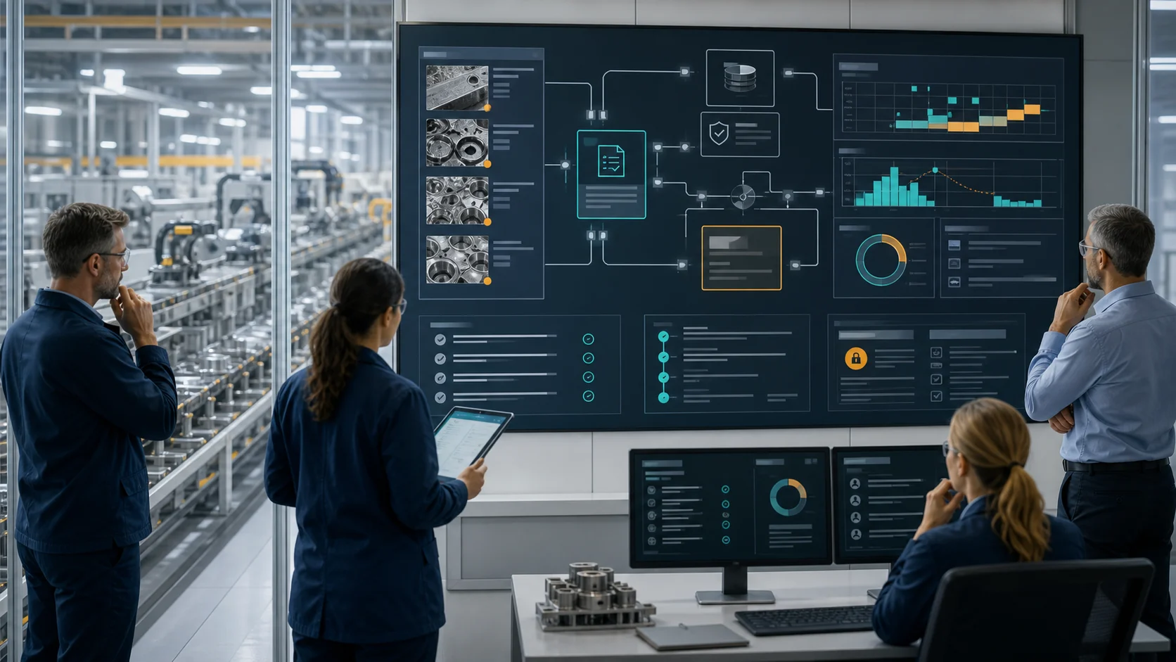 Manufacturing quality and production reviewers using a governed AI production rework approval dashboard with defect evidence QA holds schedule impact owner routing approval gates and audit trails