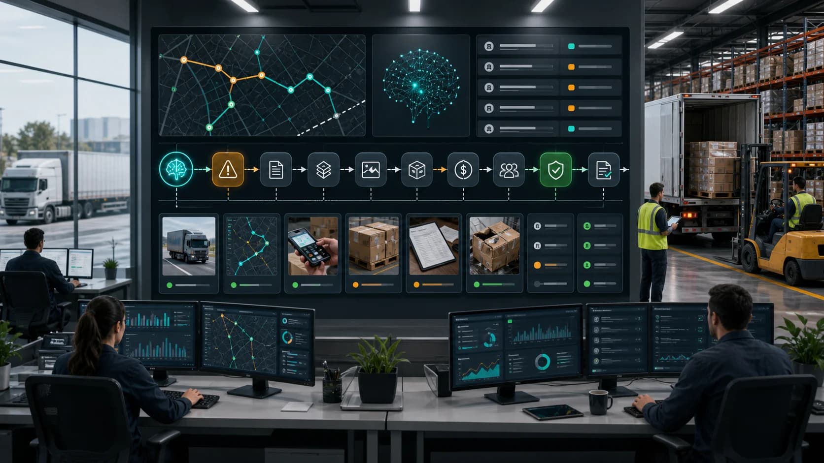 Logistics and finance reviewers using governed proof-of-delivery exception AI with route evidence delivery scans billing holds customer claims approval gates and audit trails