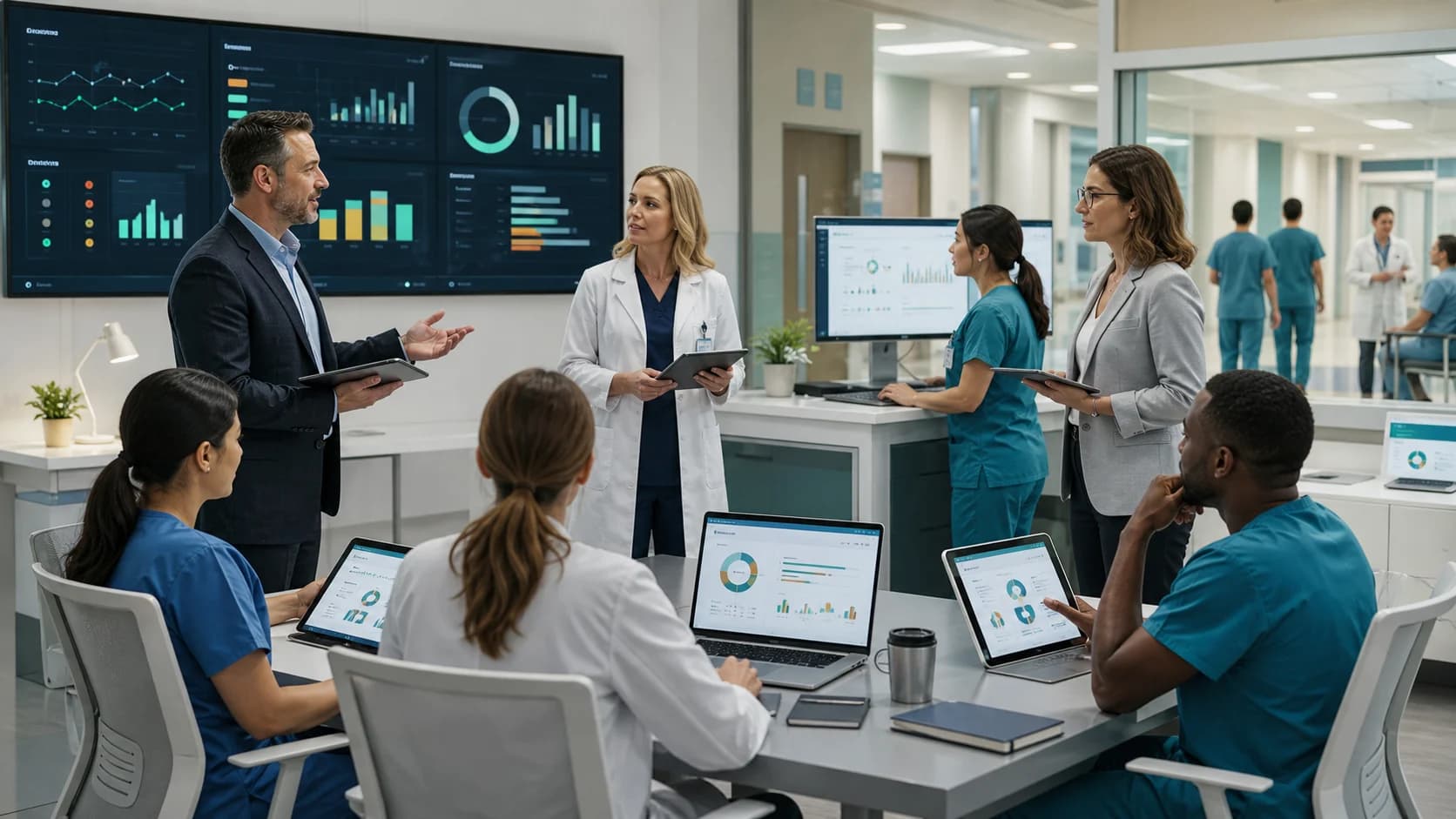 Healthcare providers nurses operations leaders and compliance reviewers using governed provider dashboard AI with appointment referral documentation result authorization workload privacy approval and audit evidence