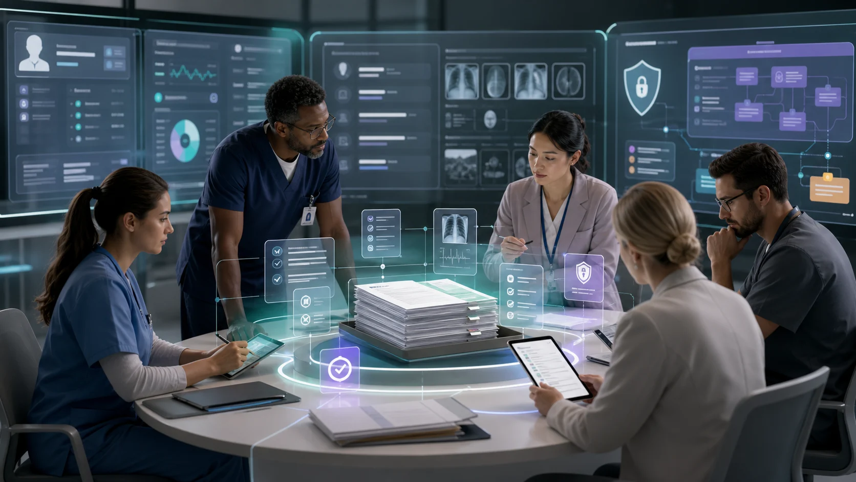 Healthcare providers, coders, patient-access staff, and revenue-cycle reviewers examining a governed AI documentation readiness workflow with EHR evidence, payer rules, privacy controls, approval checkpoints, and audit trails