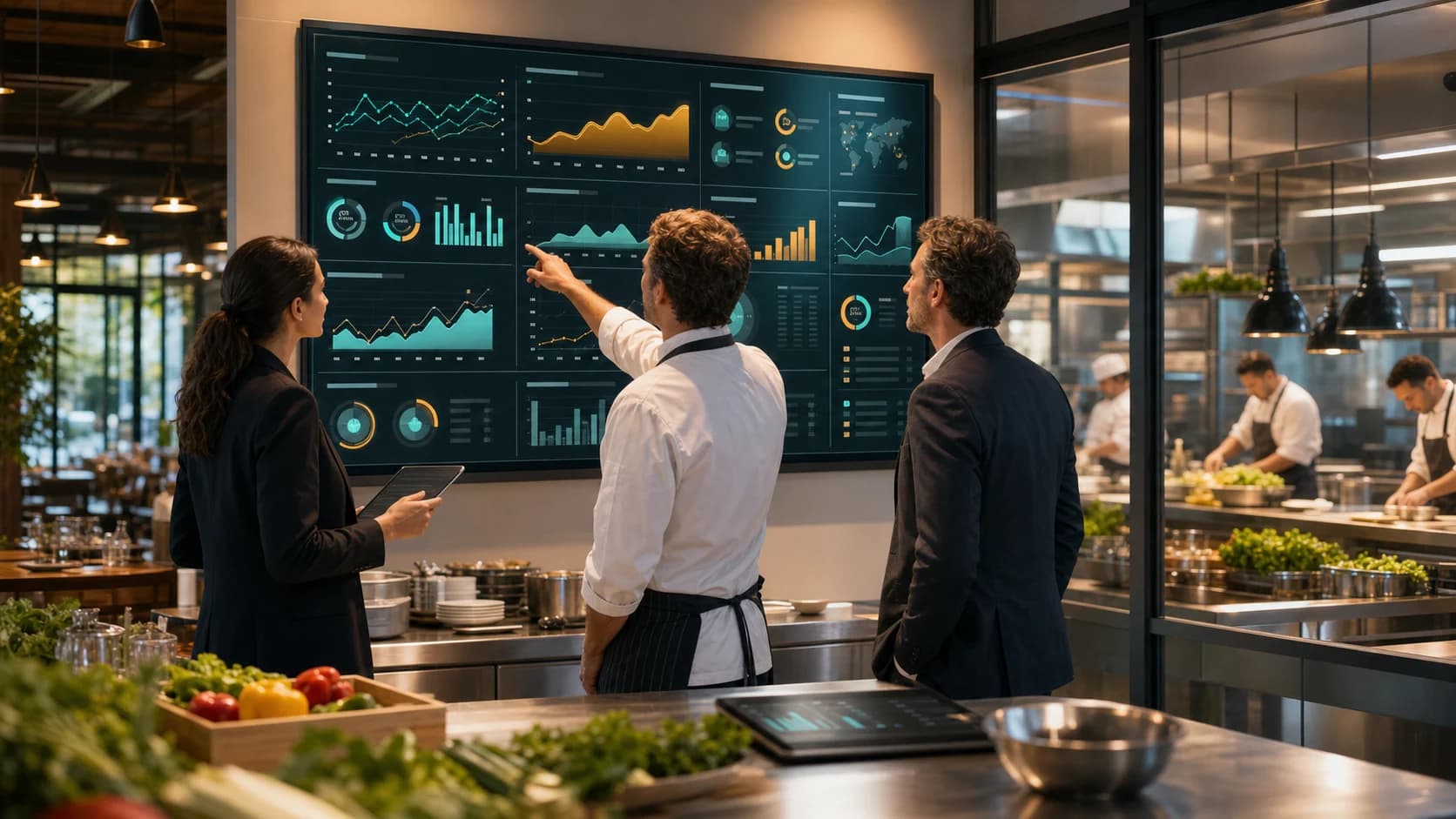 Restaurant operations team reviewing a governed AI dashboard with menu margins, ingredient costs, waste forecasts, prep plans, supplier stock, and approval controls
