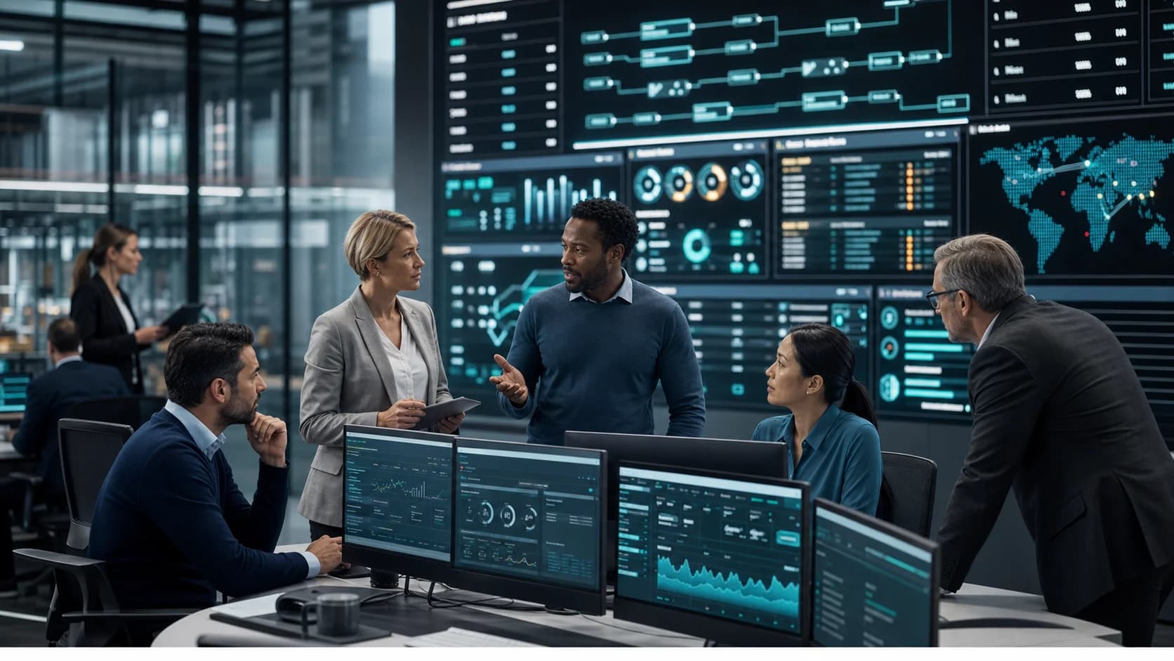 Sales operations, finance, warehouse, logistics, and customer service reviewers examining a governed AI order exception command center with order holds, inventory allocation, delivery risk, credit exposure, approval checkpoints, and audit trails