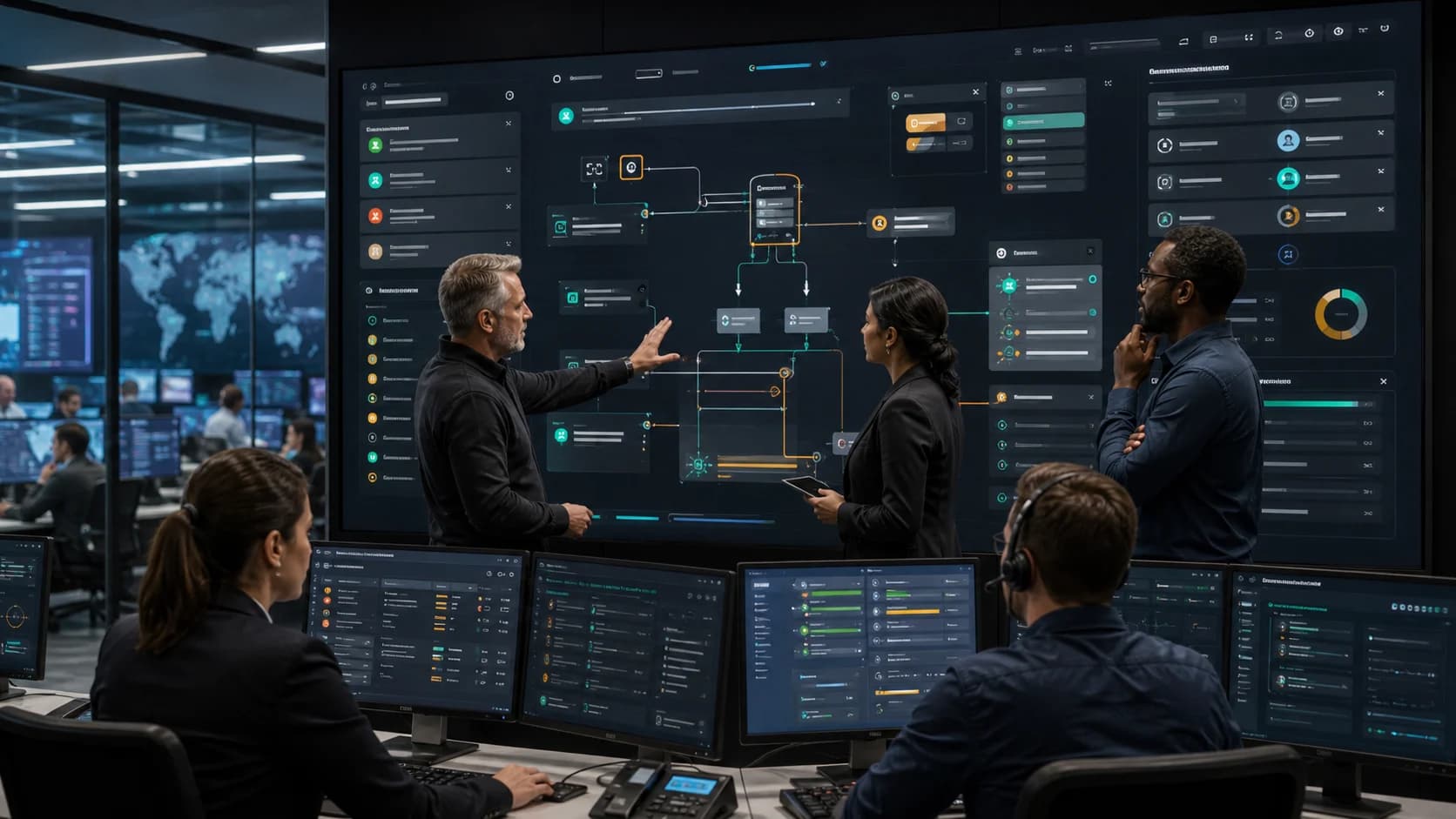 Enterprise service operations team reviewing a governed AI escalation board with SLA risk signals, source evidence packets, approval checkpoints, exception queues, audit trails, and multi-location service workflows