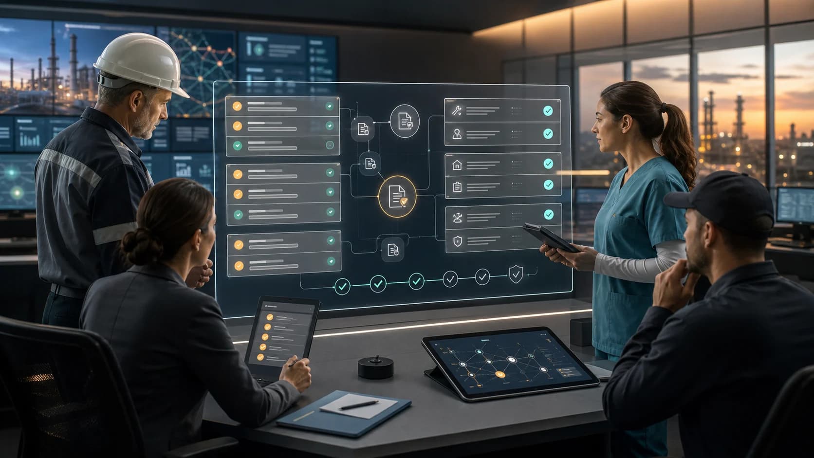Operations supervisors nurses and service leads reviewing governed shift handover risk AI packets with approvals source evidence and audit trail controls