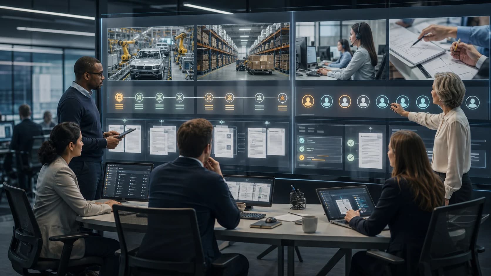 Operations leaders reviewing governed SOP exception AI with source-linked process evidence approval gates role-based access and audit trails