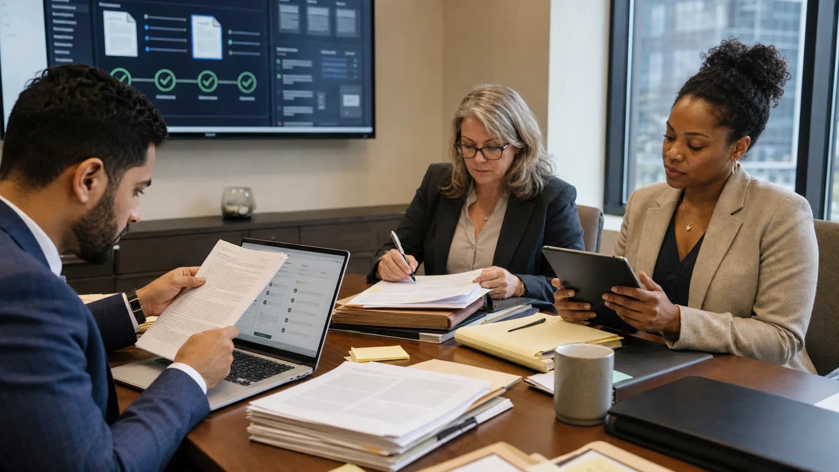 Procurement team reviewing governed supplier contract variance AI with source-linked purchase orders invoices receipts contract terms approval gates and audit trails