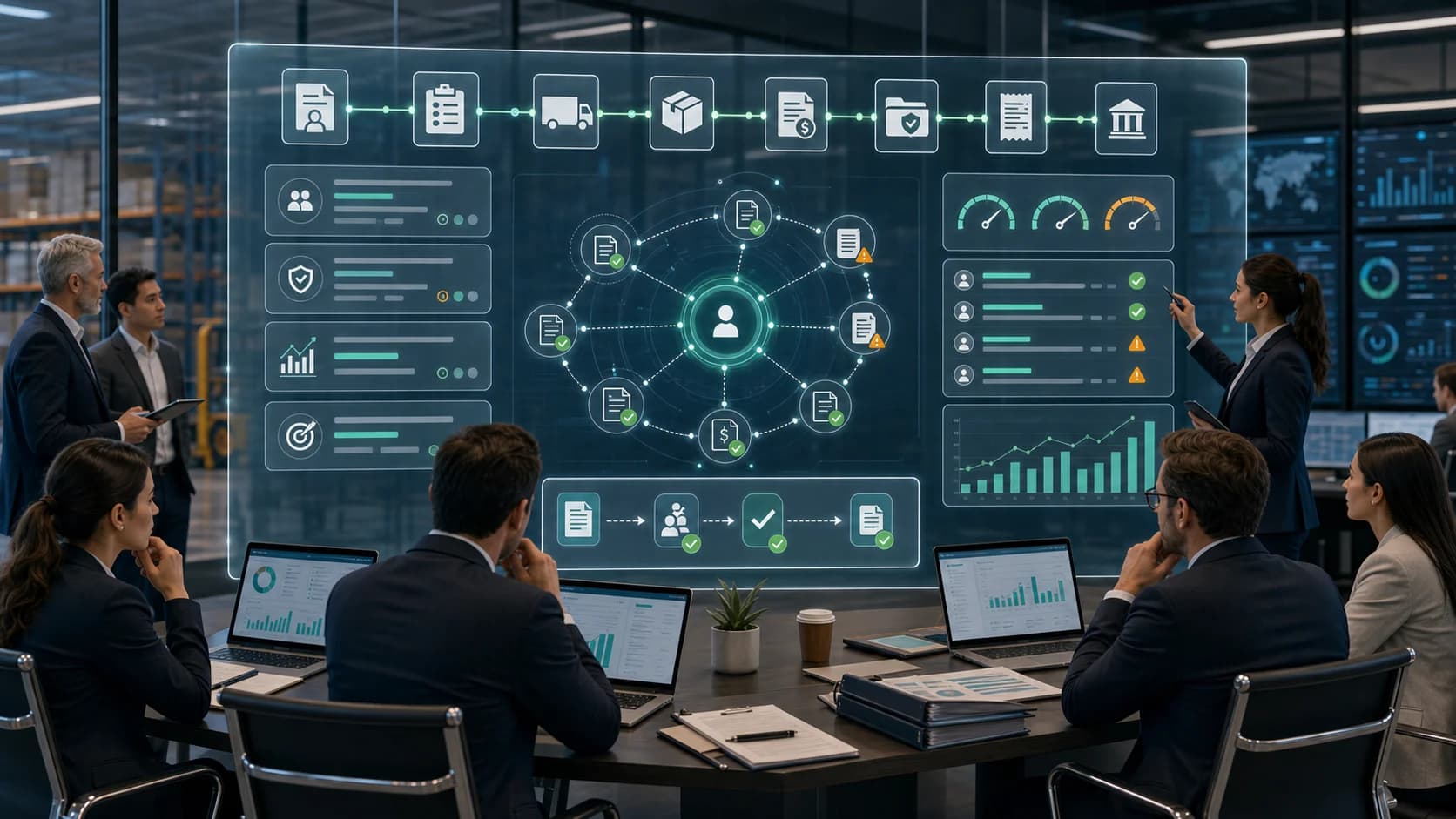 Procurement finance warehouse and quality teams reviewing governed supplier recovery negotiation AI with contract purchase order invoice credit note debit note approval and audit evidence