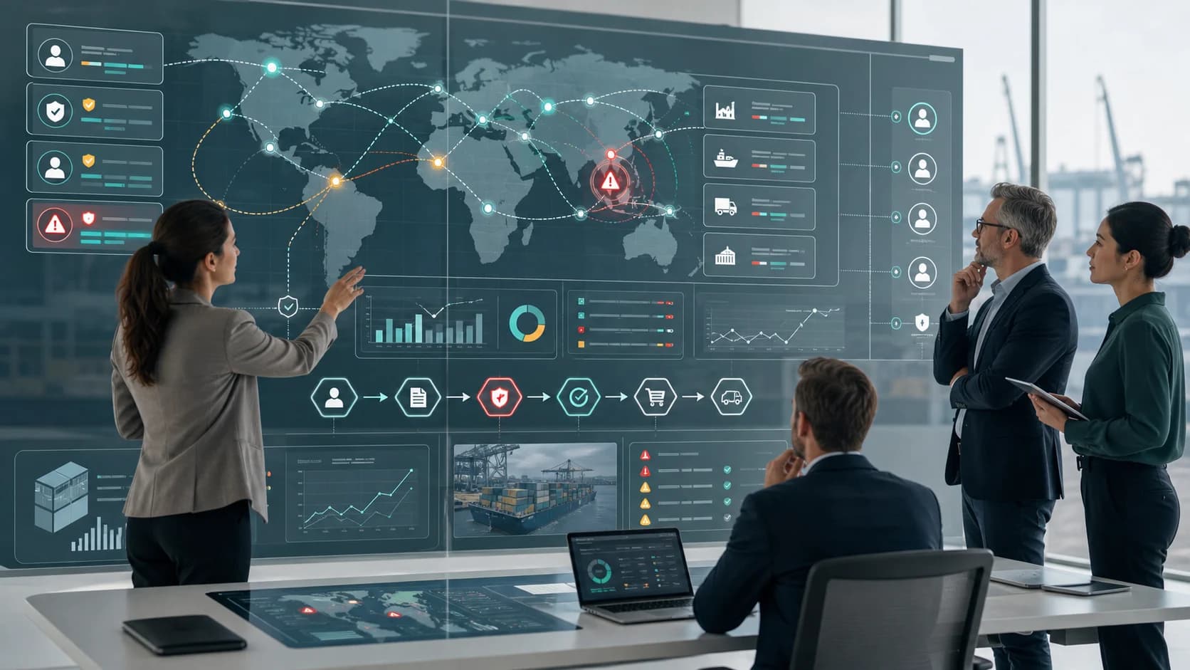 Procurement leaders reviewing governed supplier risk AI with supply chain signals, approval routing, margin protection alerts, and audit trail controls