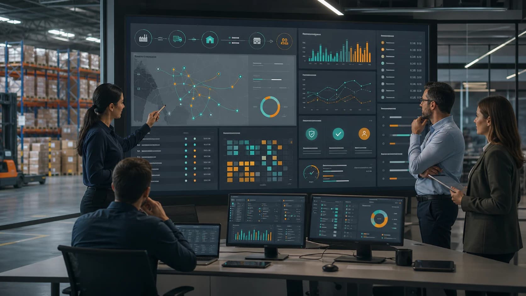 Supply chain, finance, and warehouse teams reviewing a governed AI dashboard with replenishment queues, depot transfer recommendations, stockout risk, approval status, ERP and WMS evidence, and audit trails